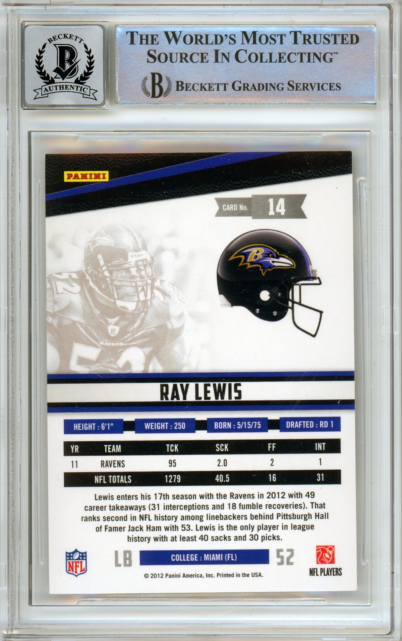 2012 Rookies & Stars #14 Ray Lewis Baltimore Ravens BGS Autograph 10