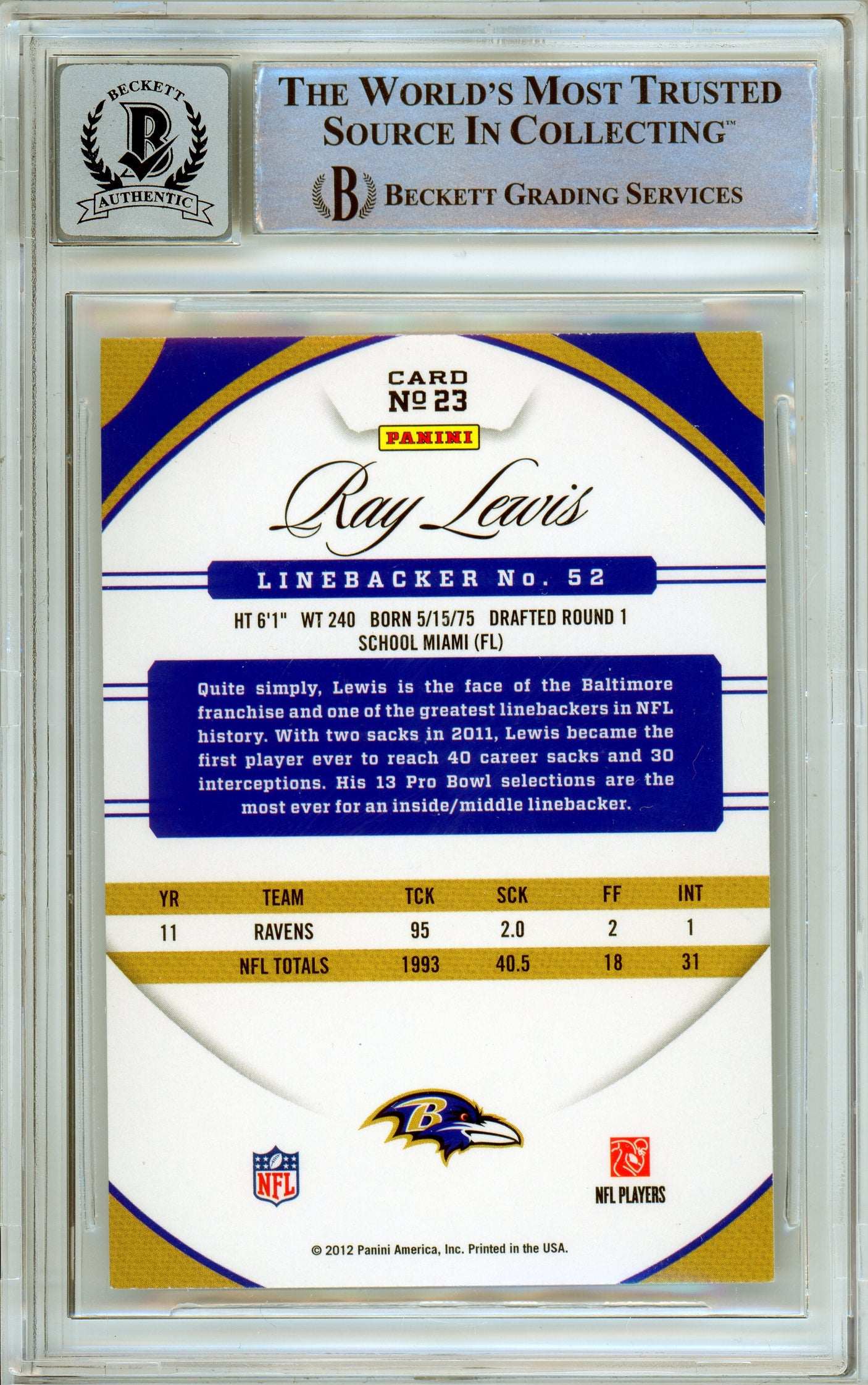 2012 Panini Certified #23 Ray Lewis Baltimore Ravens BGS Autograph 10