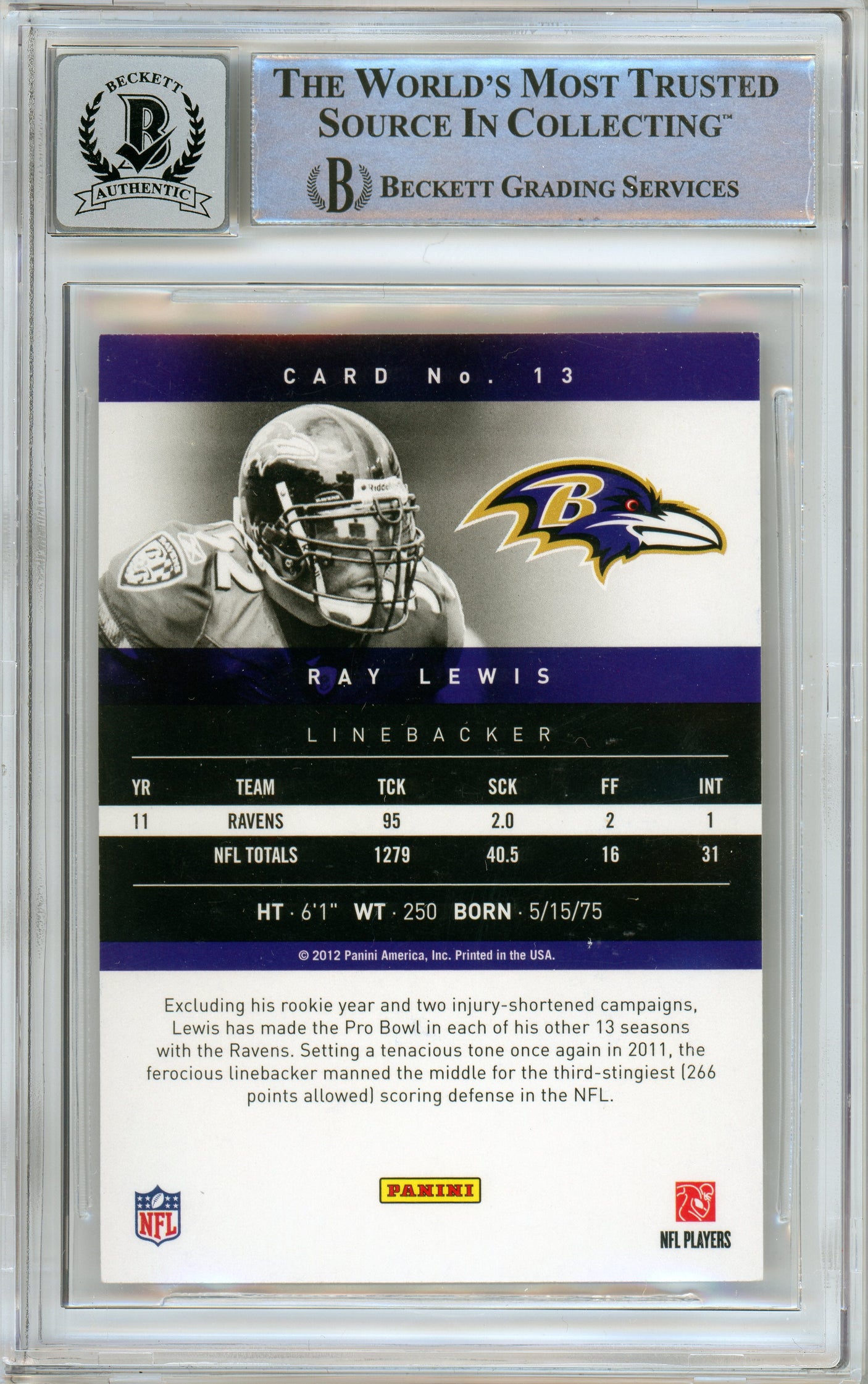 2012 Panini Prestige #13 Ray Lewis Baltimore Ravens BGS Autograph 10
