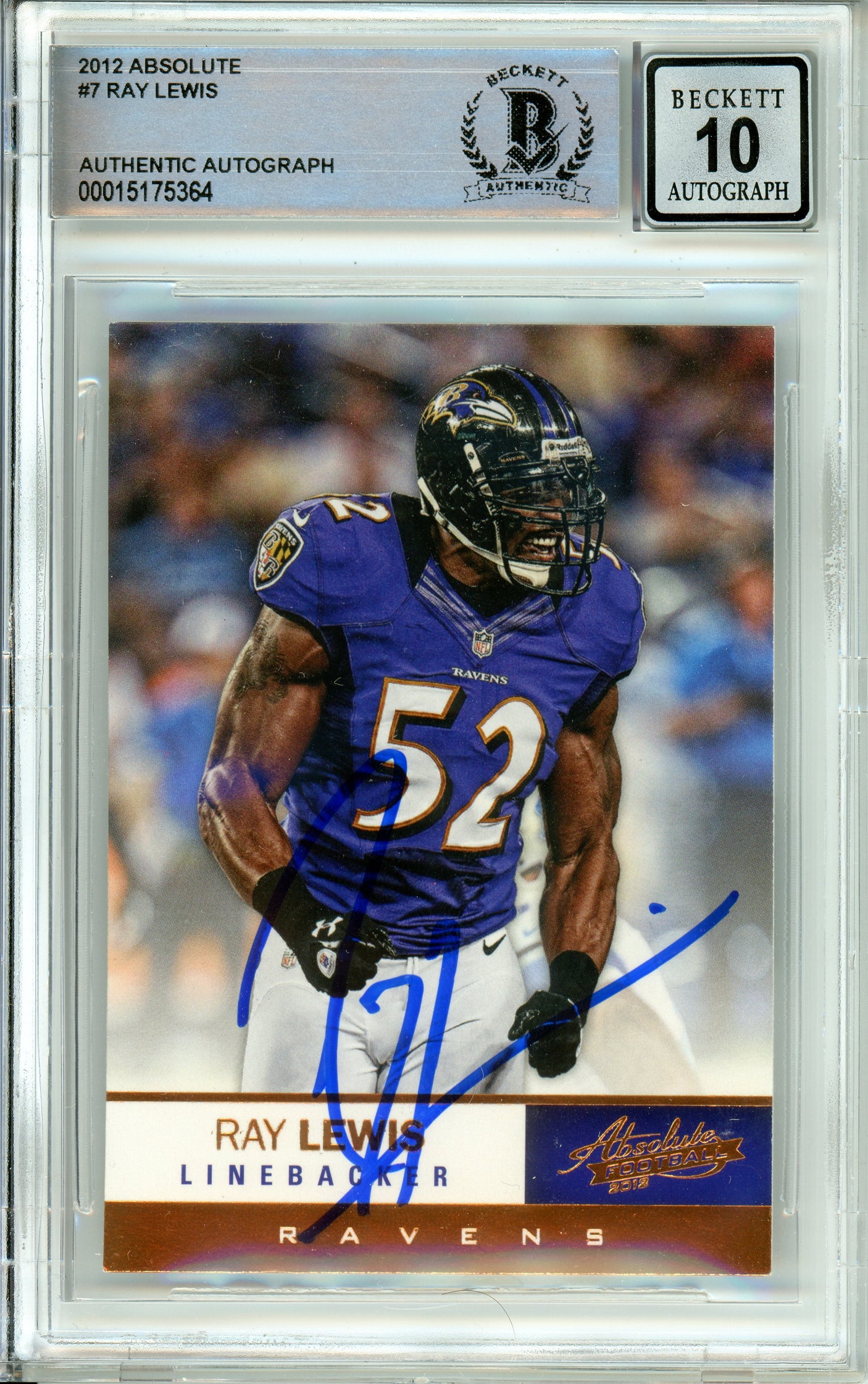 2012 Panini Absolute #7 Ray Lewis Baltimore Ravens BGS Autograph 10