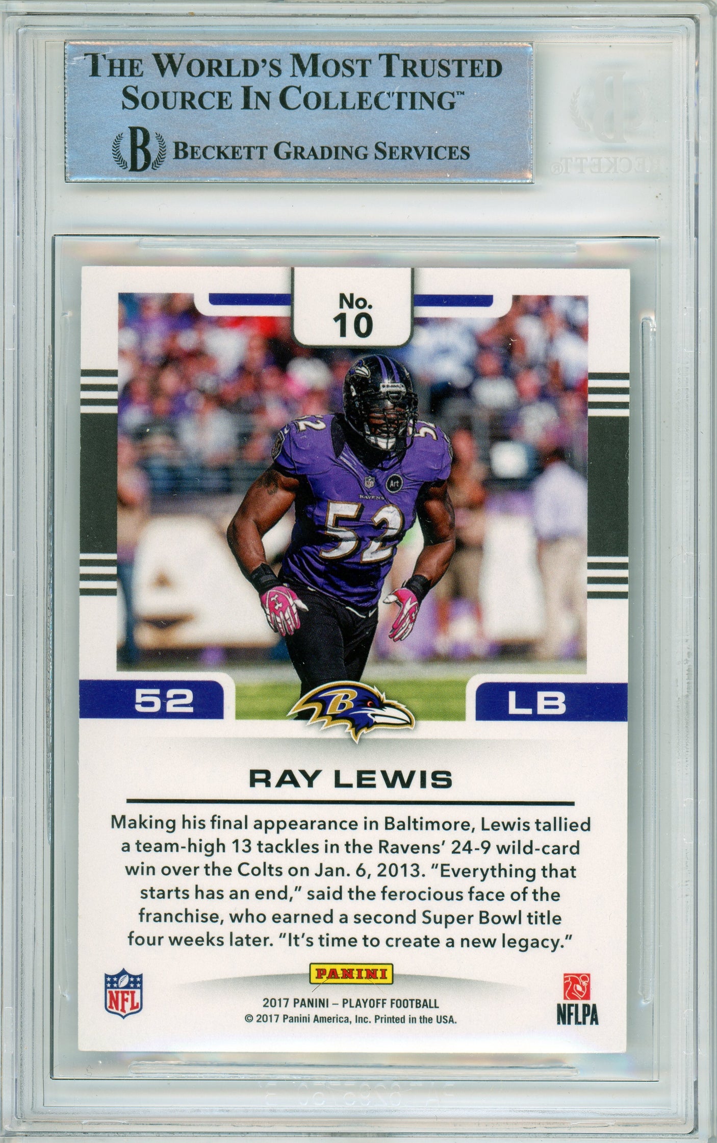 2017 Playoff Gridiron Force #10 Ray Lewis 185/199 Baltimore Ravens BGS Auto 10