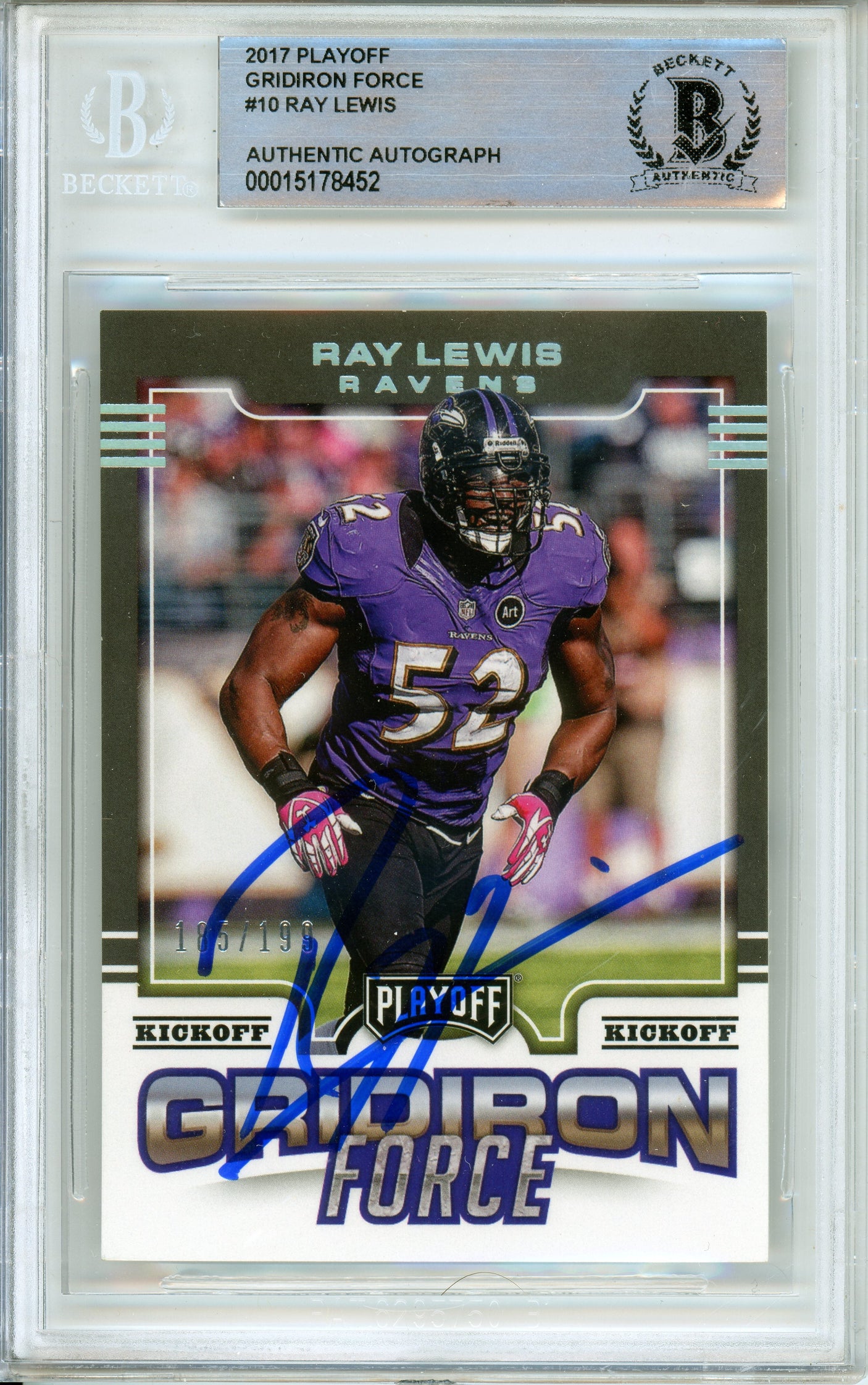 2017 Playoff Gridiron Force #10 Ray Lewis 185/199 Baltimore Ravens BGS Auto 10