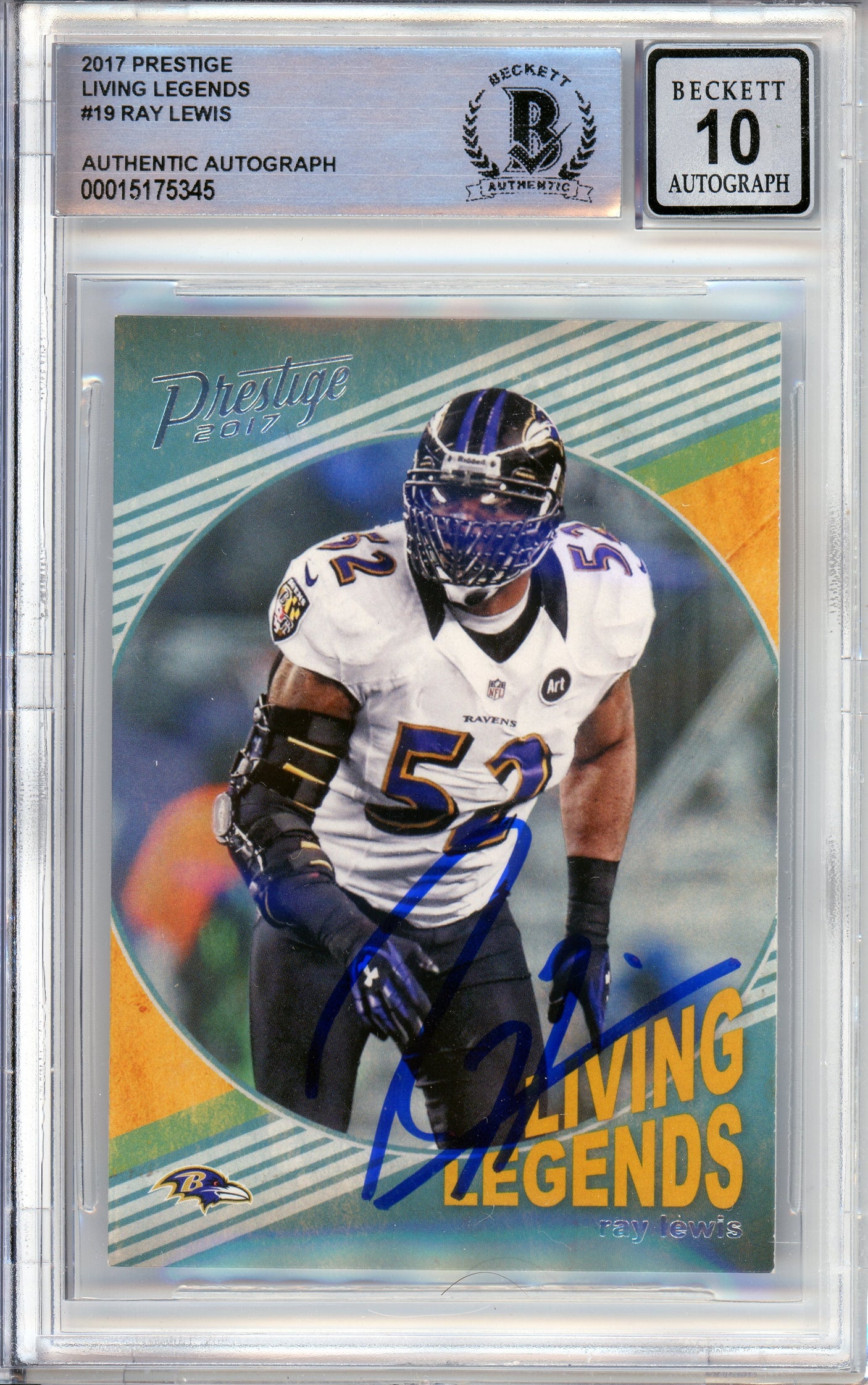 2017 Panini Prestige Living Legends #19 Ray Lewis Baltimore Ravens BGS Auto 10