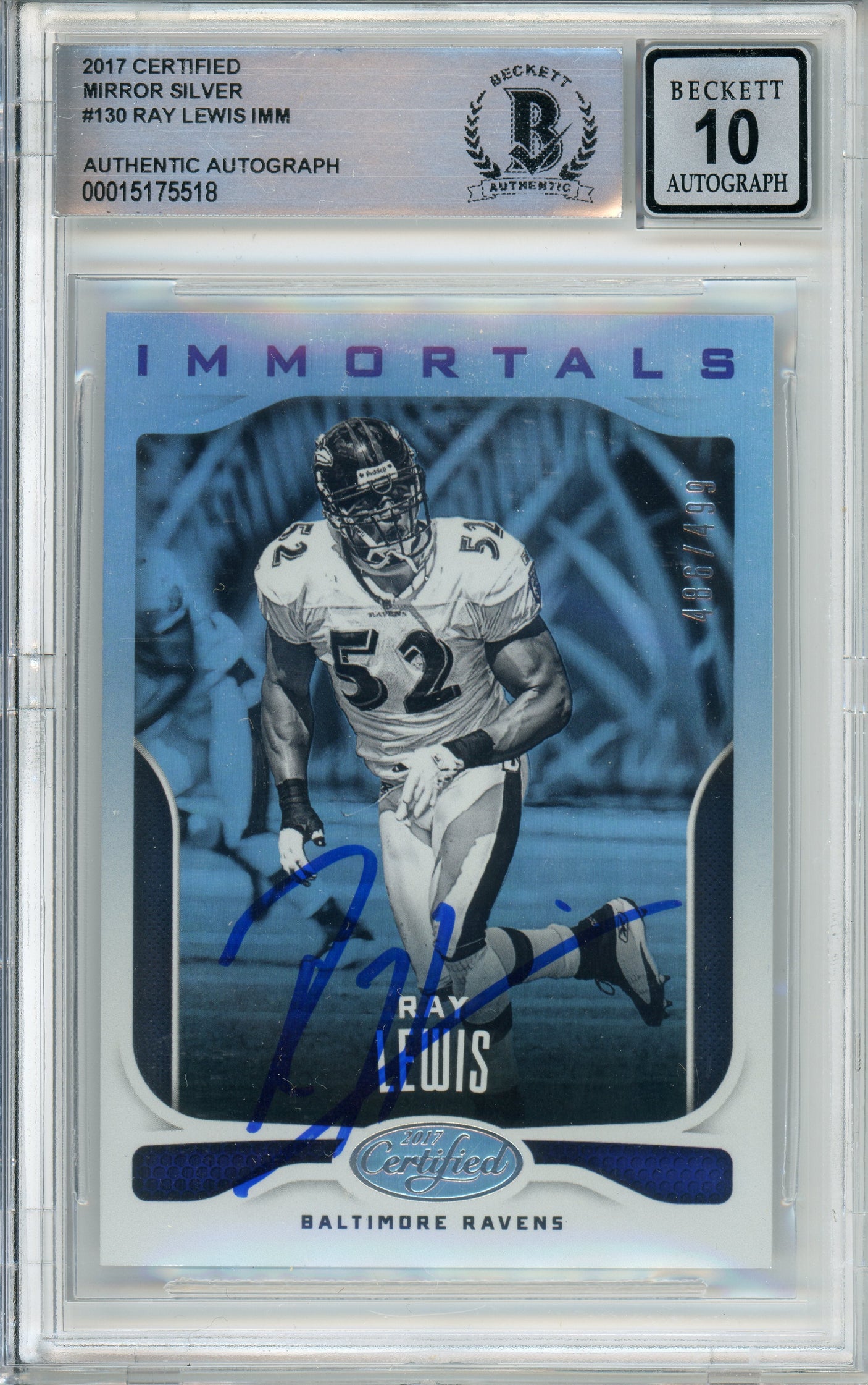2017 Panini Certified Mirror Silver Immortals #130 Ray Lewis 486/499 Ravens BGS