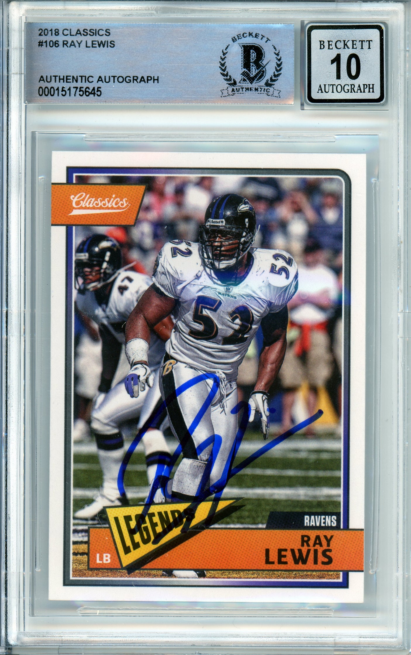 2018 Panini Classics #106 Ray Lewis Baltimore Ravens BGS Autograph 10