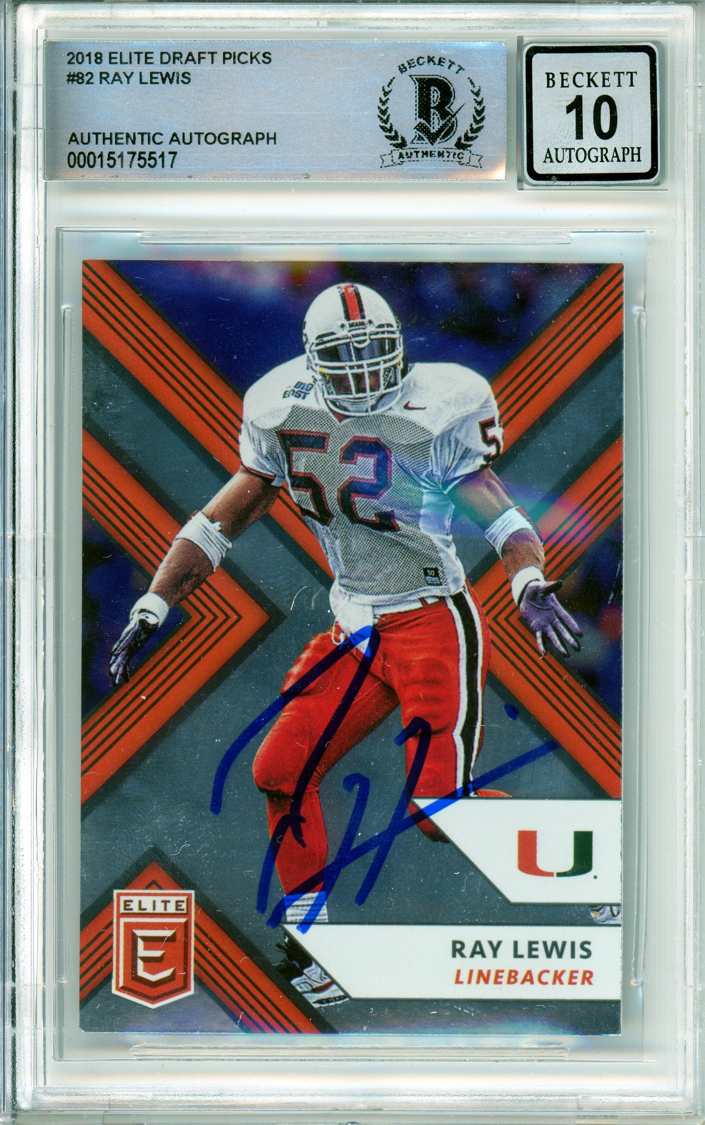 2018 Elite Draft Picks #82 Ray Lewis Miami Hurricanes BGS Autograph 10