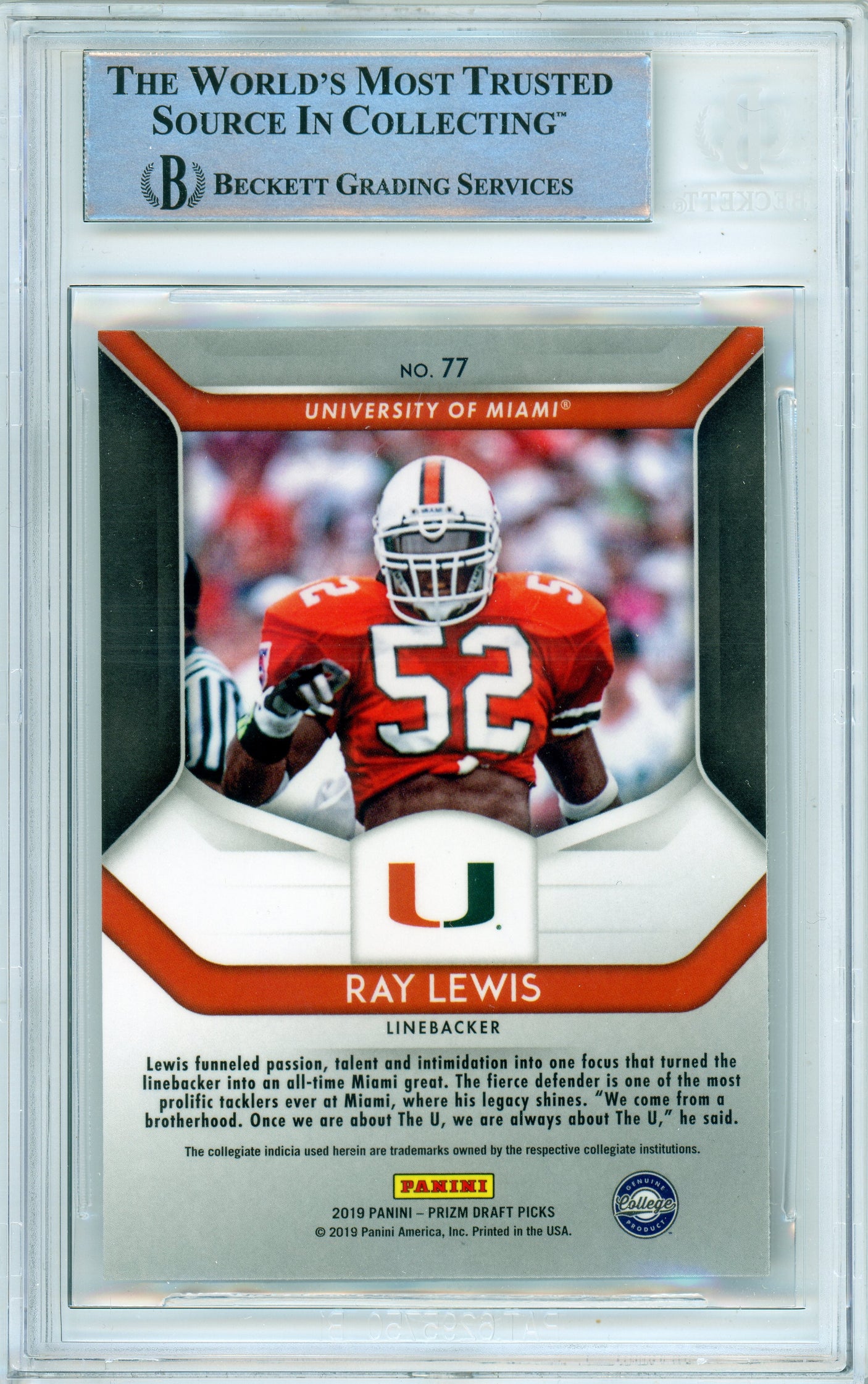 2019 Panini Prizm Draft Picks #77 Ray Lewis Miami Hurricanes BGS Autograph 10