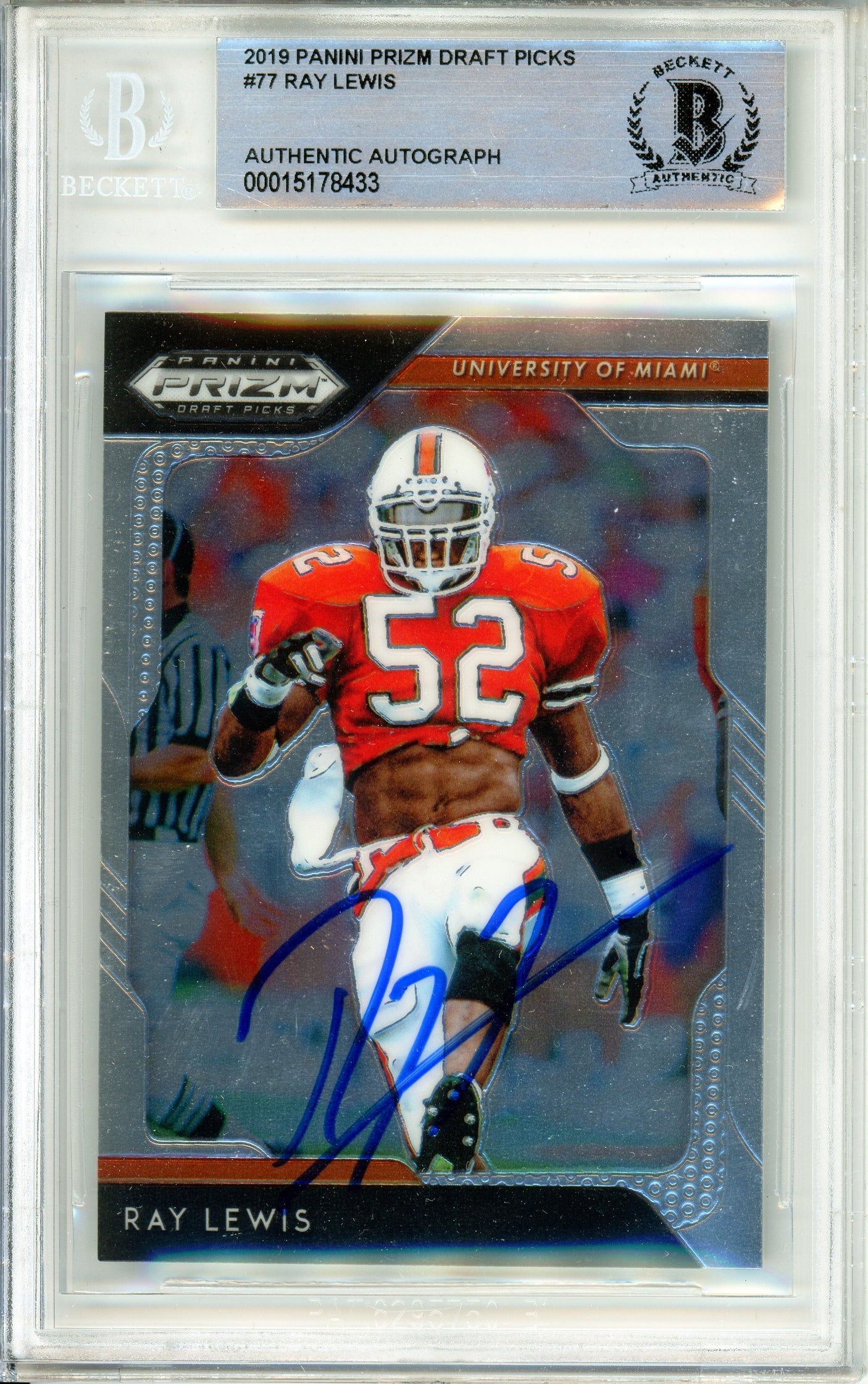 2019 Panini Prizm Draft Picks #77 Ray Lewis Miami Hurricanes BGS Autograph 10