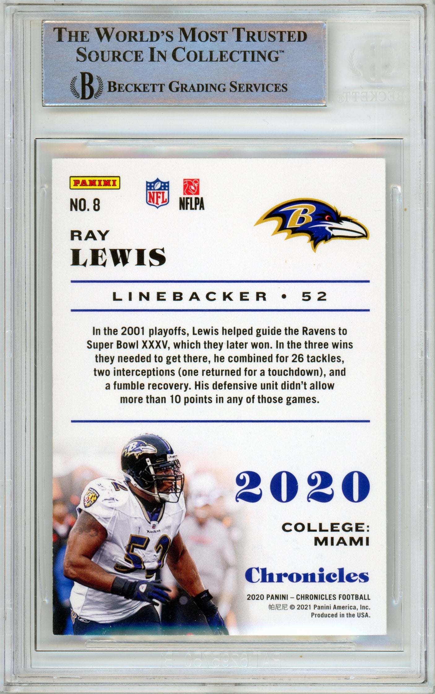 2020 Panini Chronicles #8 Ray Lewis Baltimore Ravens BGS Autograph 10