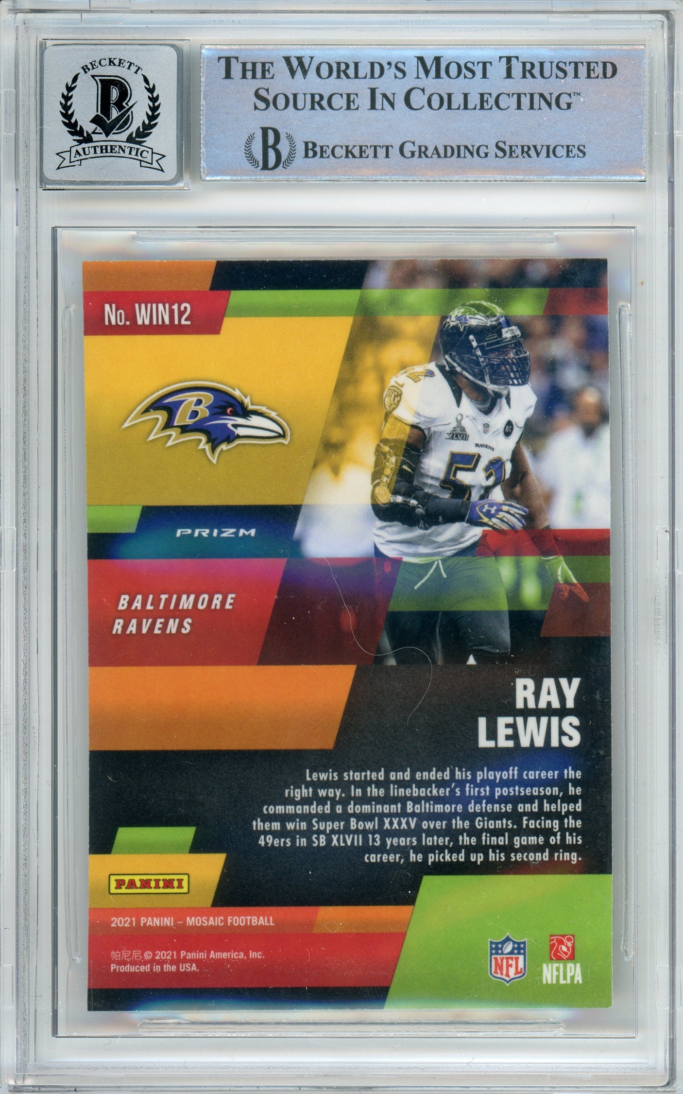 2021 Panini Mosaic In It to Win It Silver #12 Ray Lewis Ravens BGS Autograph 10