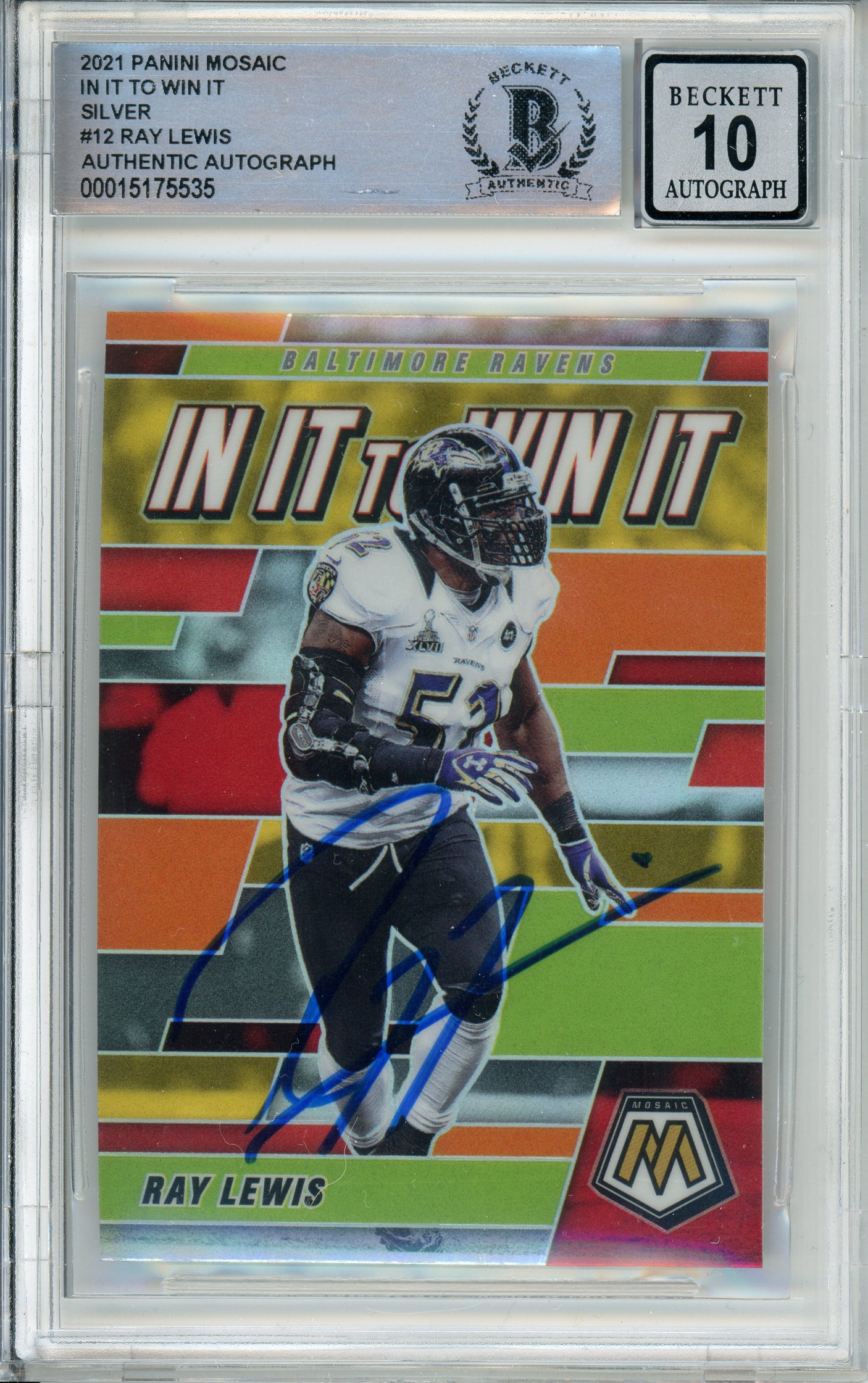 2021 Panini Mosaic In It to Win It Silver #12 Ray Lewis Ravens BGS Autograph 10