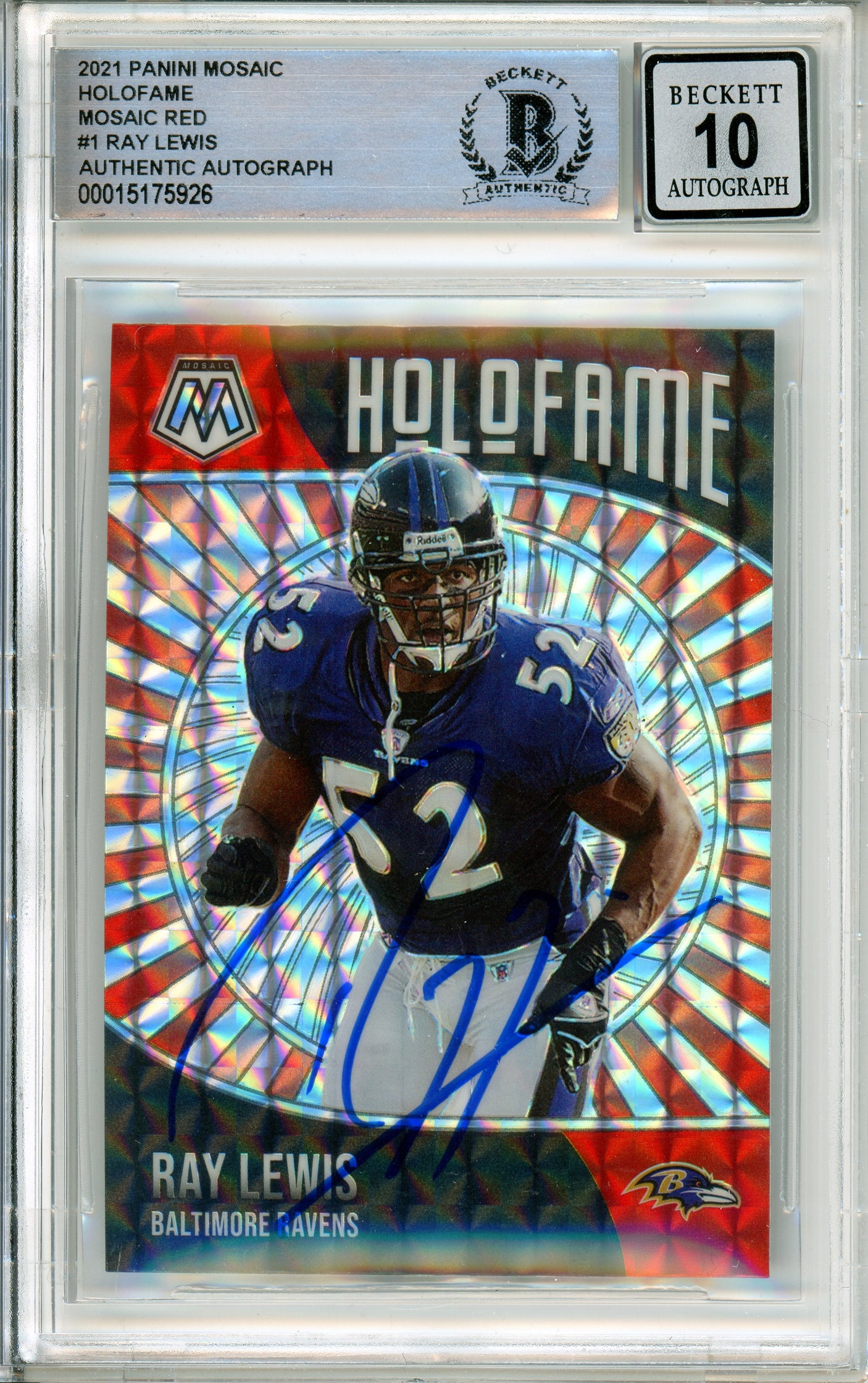 2021 Panini Mosaic Holofame Red #1 Ray Lewis Ravens BGS Autograph 10