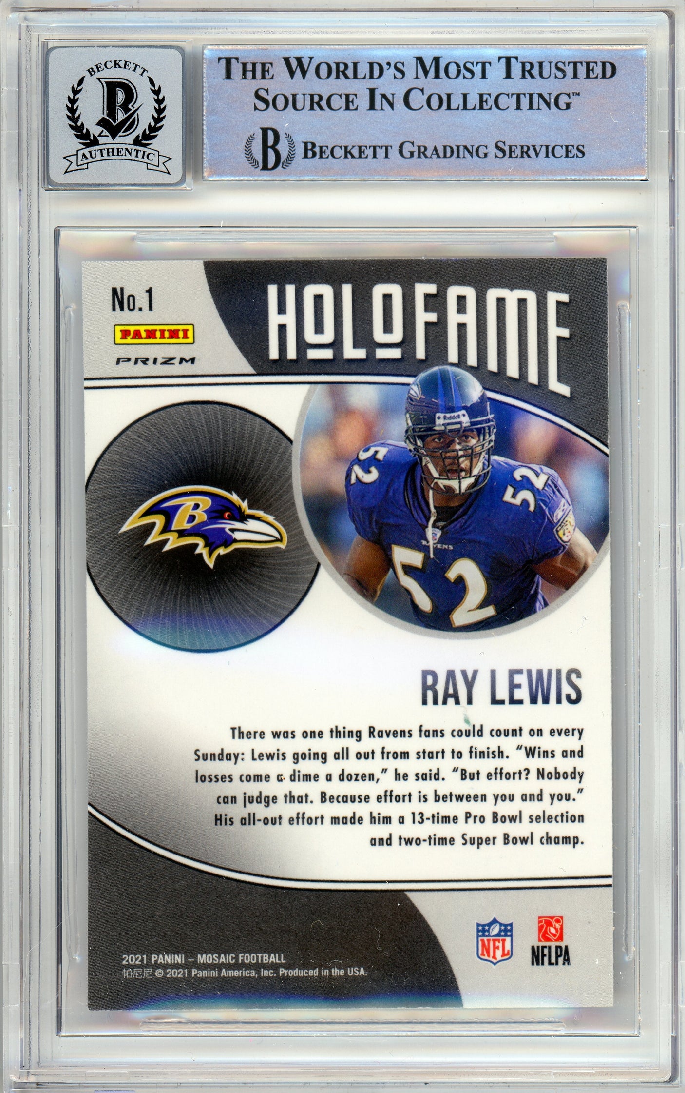 2021 Panini Mosaic Holofame Green #1 Ray Lewis Ravens BGS Auto 10