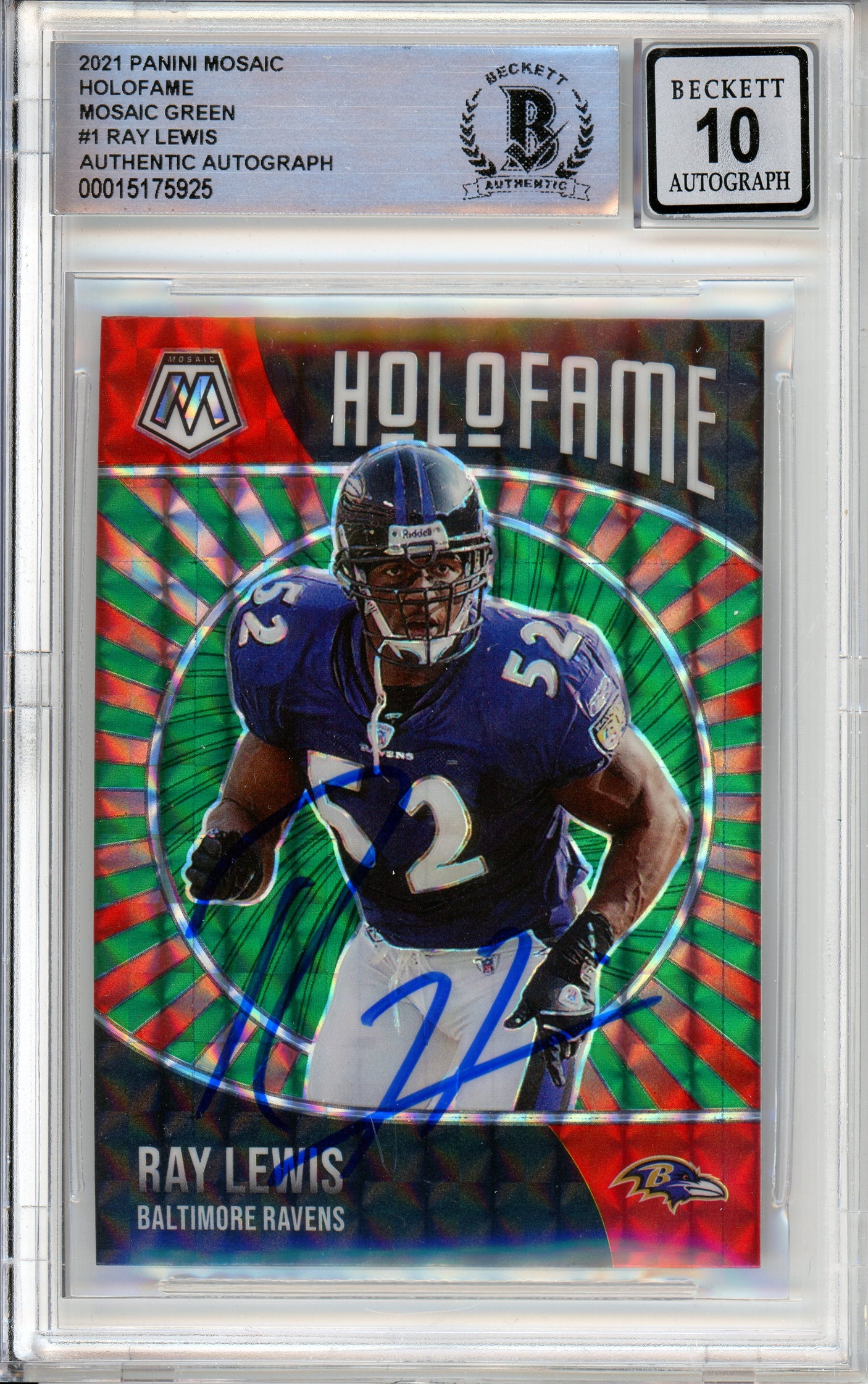 2021 Panini Mosaic Holofame Green #1 Ray Lewis Ravens BGS Auto 10