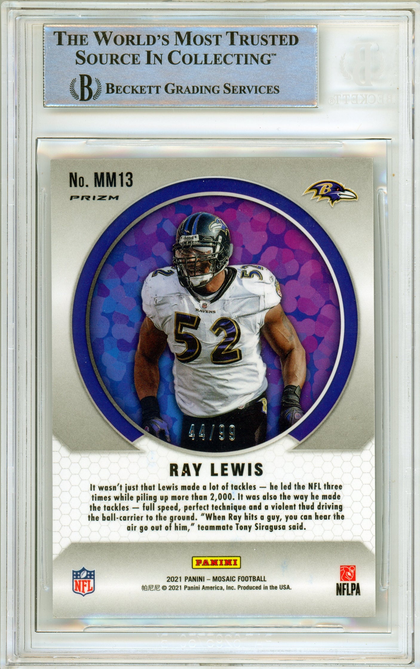 2021 Panini Mosaic Men of Mastery Blue #13 Ray Lewis 44/99 Ravens BGS Auto 10