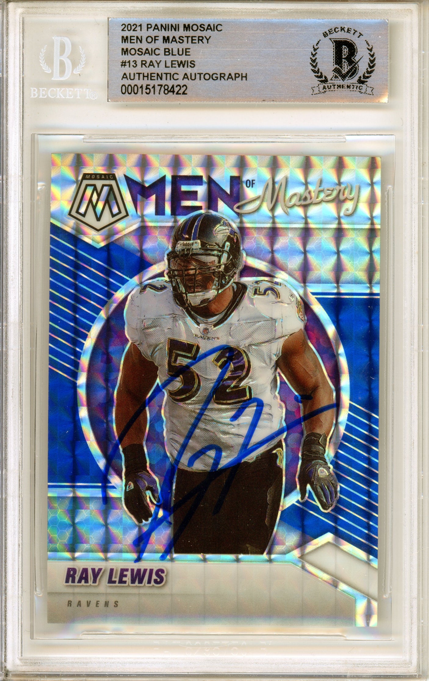 2021 Panini Mosaic Men of Mastery Blue #13 Ray Lewis 44/99 Ravens BGS Auto 10