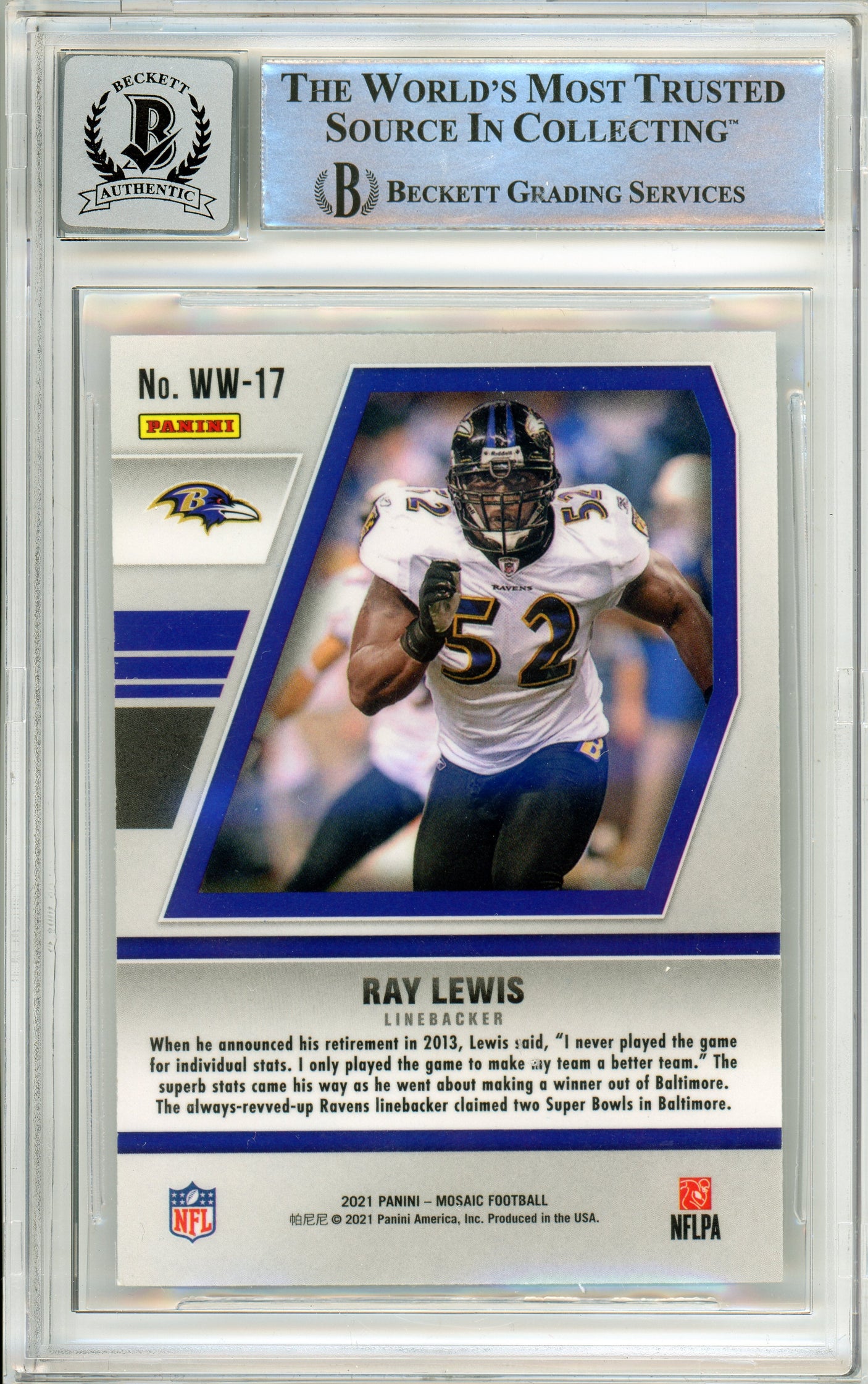 2021 Panini Mosaic Will to Win #17 Ray Lewis Ravens BGS Autograph 10