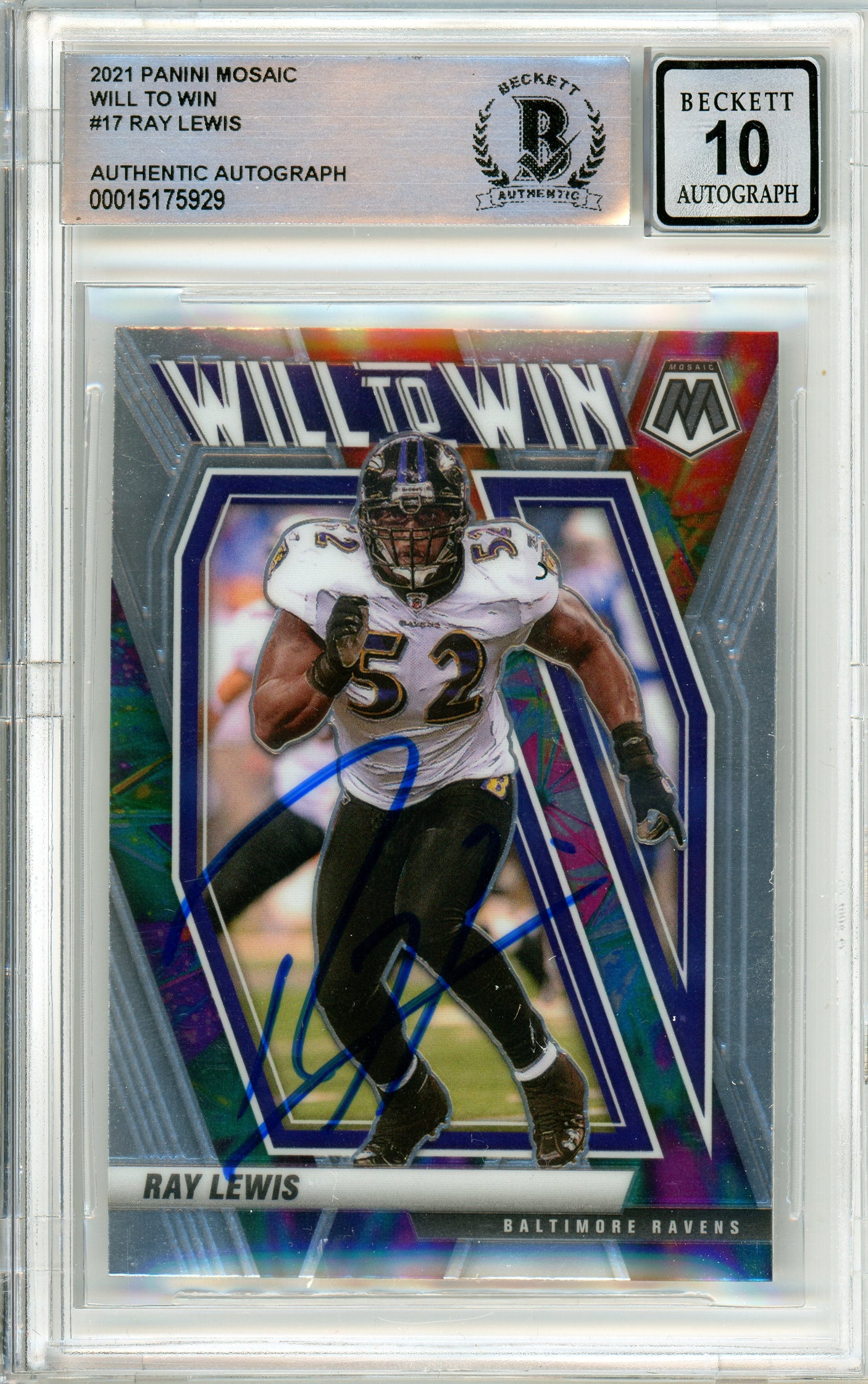 2021 Panini Mosaic Will to Win #17 Ray Lewis Ravens BGS Autograph 10