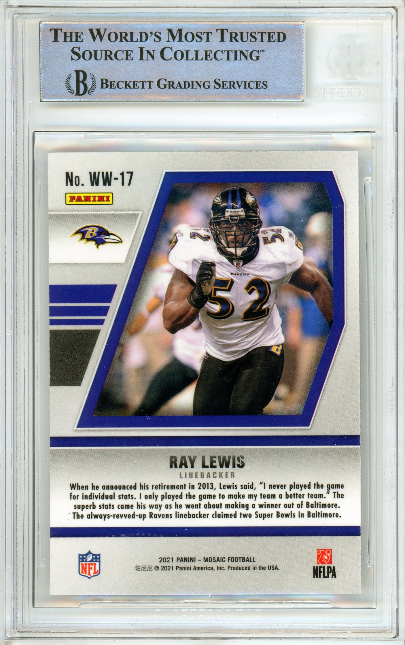 2021 Panini Mosaic Will to Win #17 Ray Lewis Ravens BGS Autograph 10