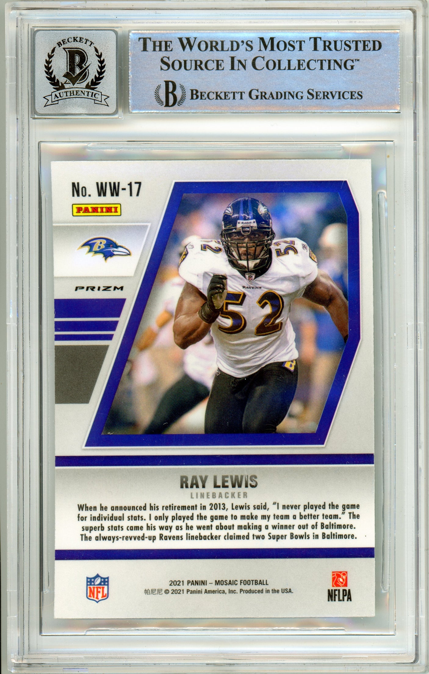 2021 Panini Mosaic Will to Win Green #17 Ray Lewis Ravens BGS Autograph 10