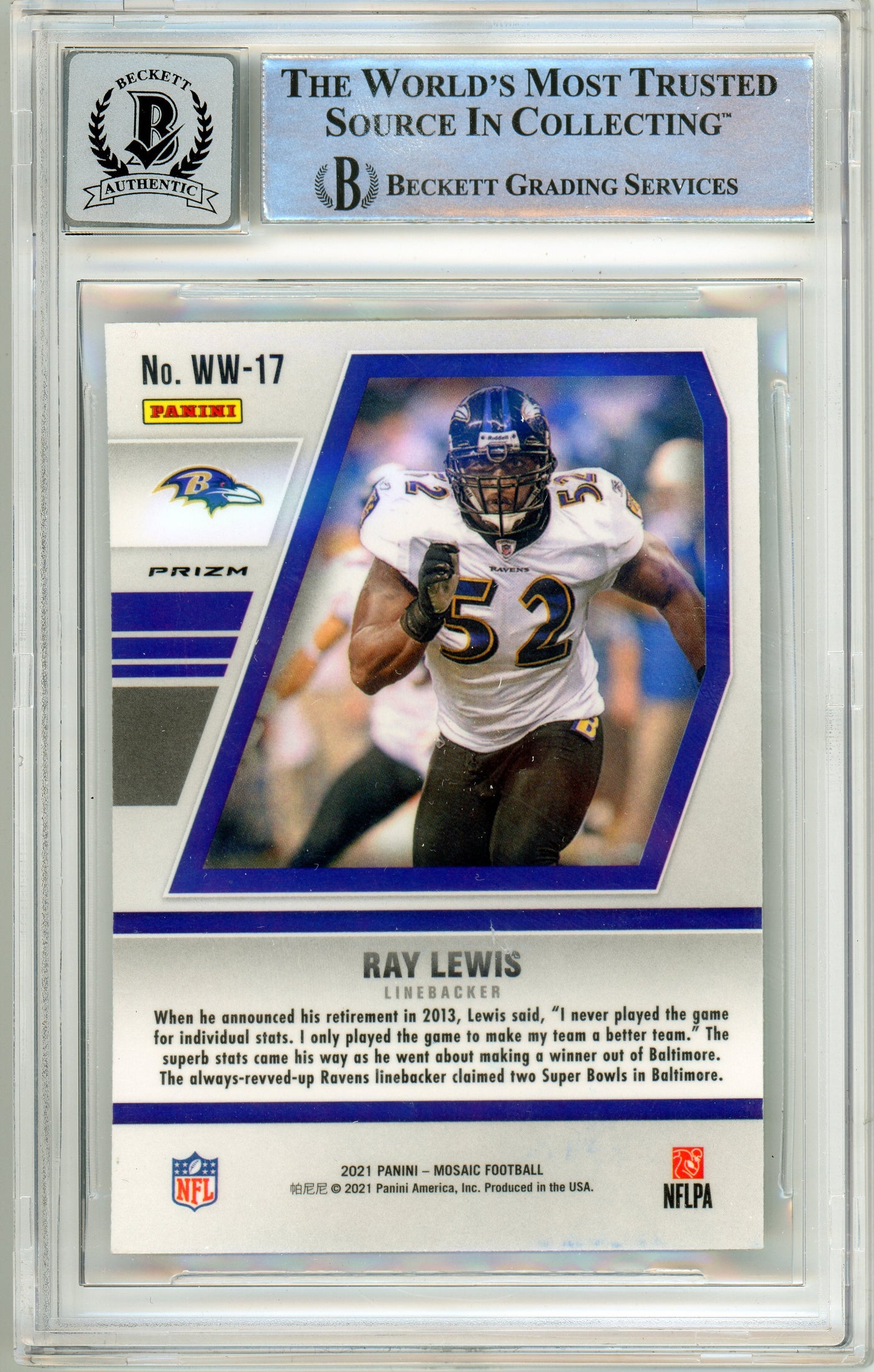 2021 Panini Mosaic Will to Win Green #17 Ray Lewis Ravens BGS Autograph 10