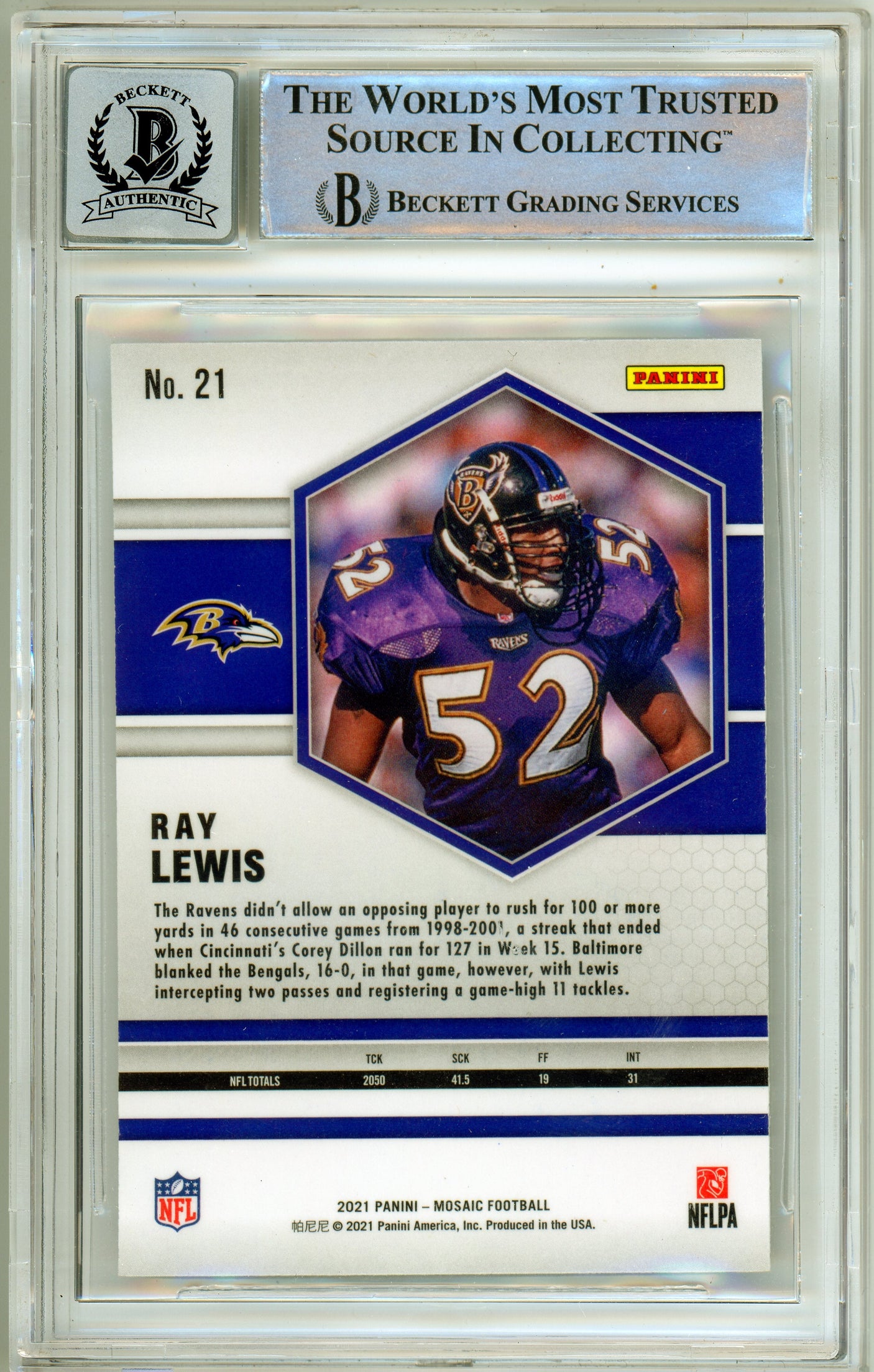 2021 Panini Mosaic #21 Ray Lewis Baltimore Ravens BGS Autograph 10
