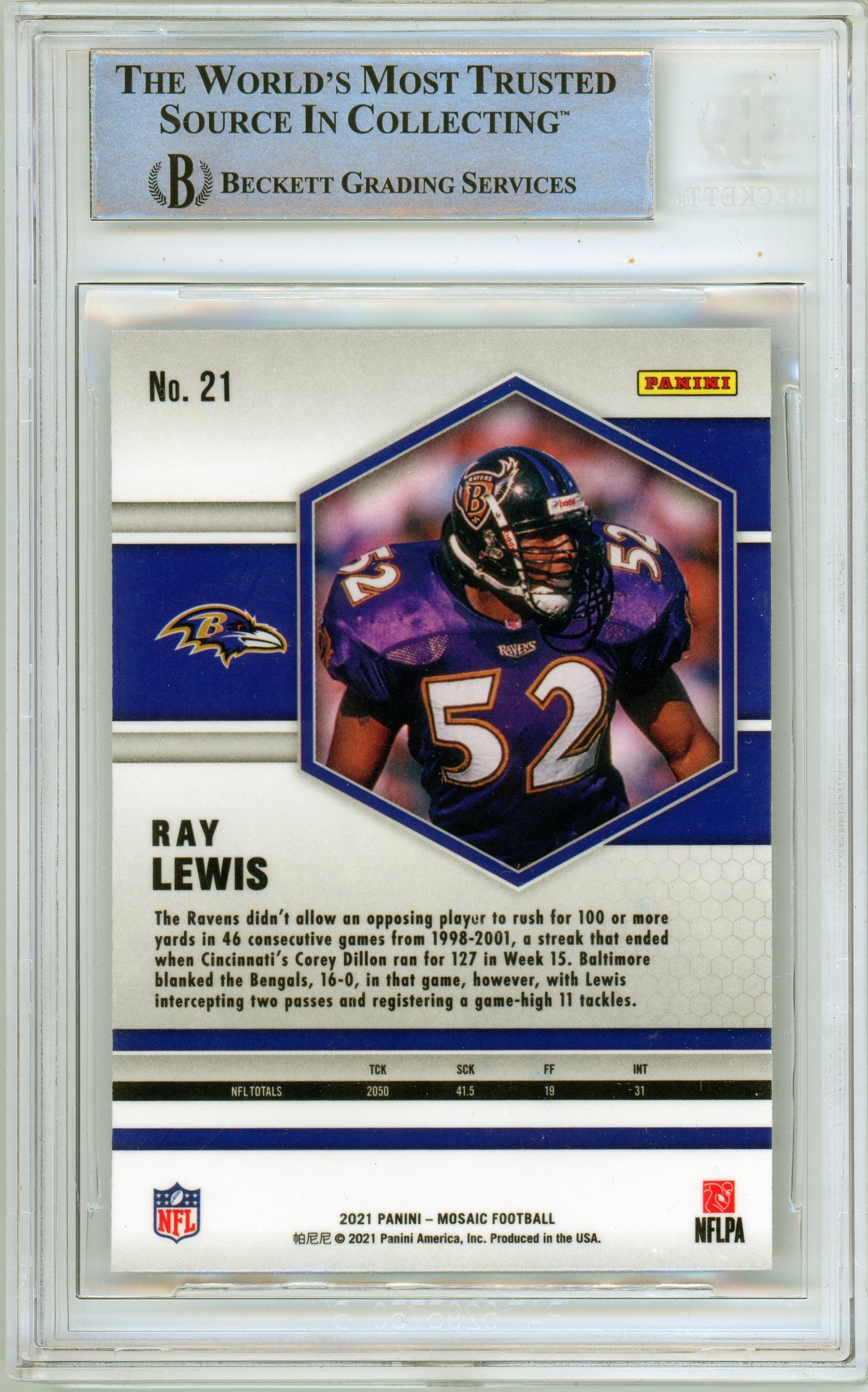 2021 Panini Mosaic #21 Ray Lewis Baltimore Ravens BGS Autograph