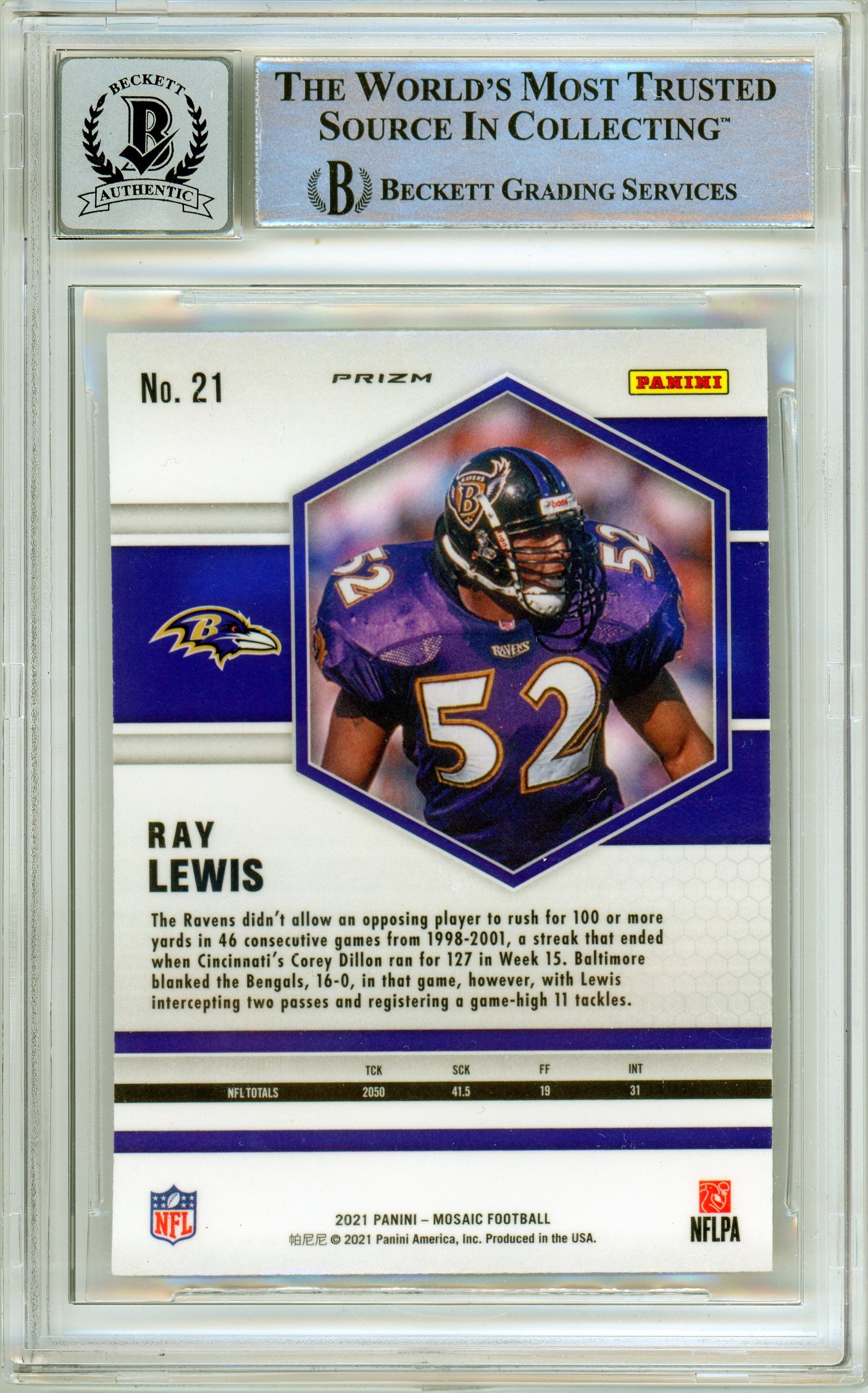 2021 Panini Mosaic Mosaic #21 Ray Lewis Baltimore Ravens BGS Auto 10