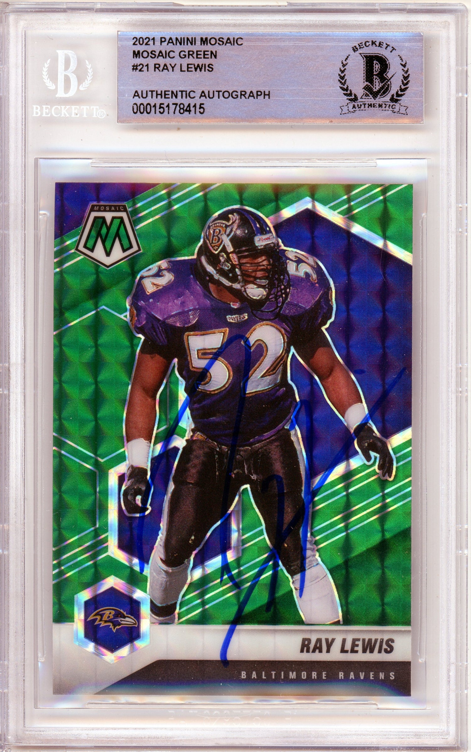 2021 Panini Mosaic Green #21 Ray Lewis Baltimore Ravens BGS Autograph