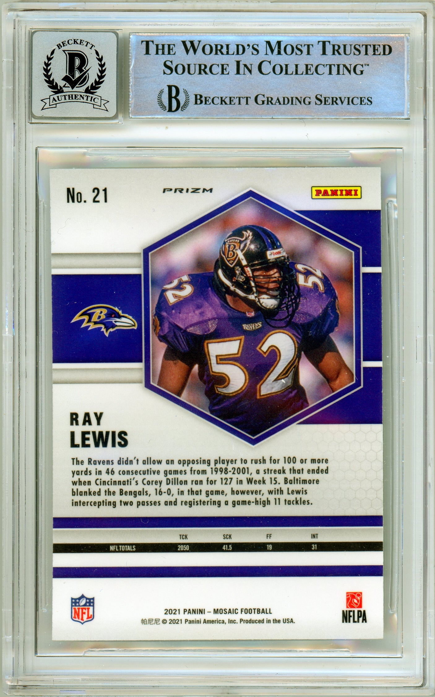 2021 Panini Mosaic Green #21 Ray Lewis Baltimore Ravens BGS Autograph 10