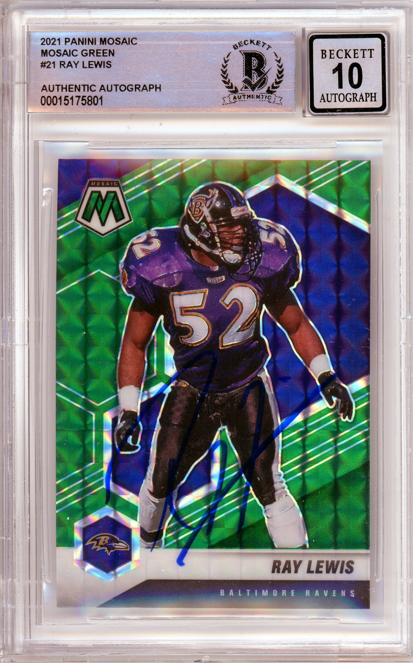2021 Panini Mosaic Green #21 Ray Lewis Baltimore Ravens BGS Autograph 10