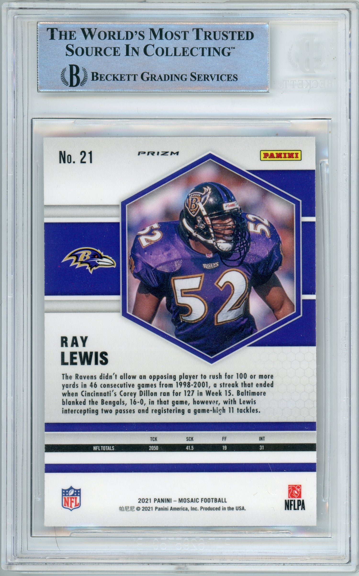 2021 Panini Mosaic Reactive Orange #21 Ray Lewis Ravens BGS Autograph