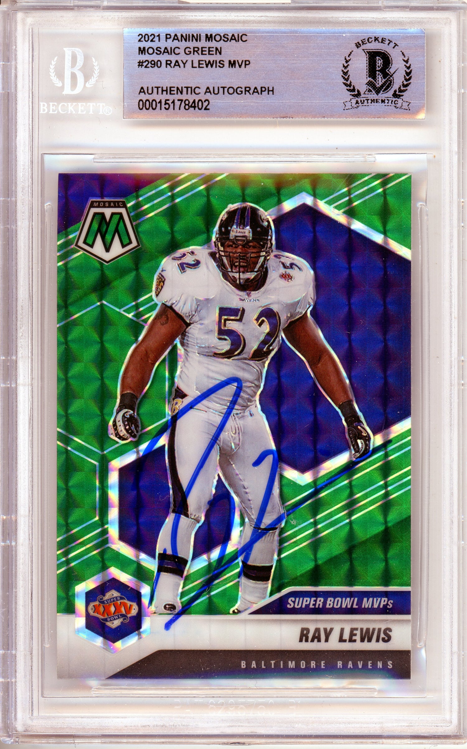 2021 Panini Mosaic MVP Green #290 Ray Lewis Ravens BGS Autograph