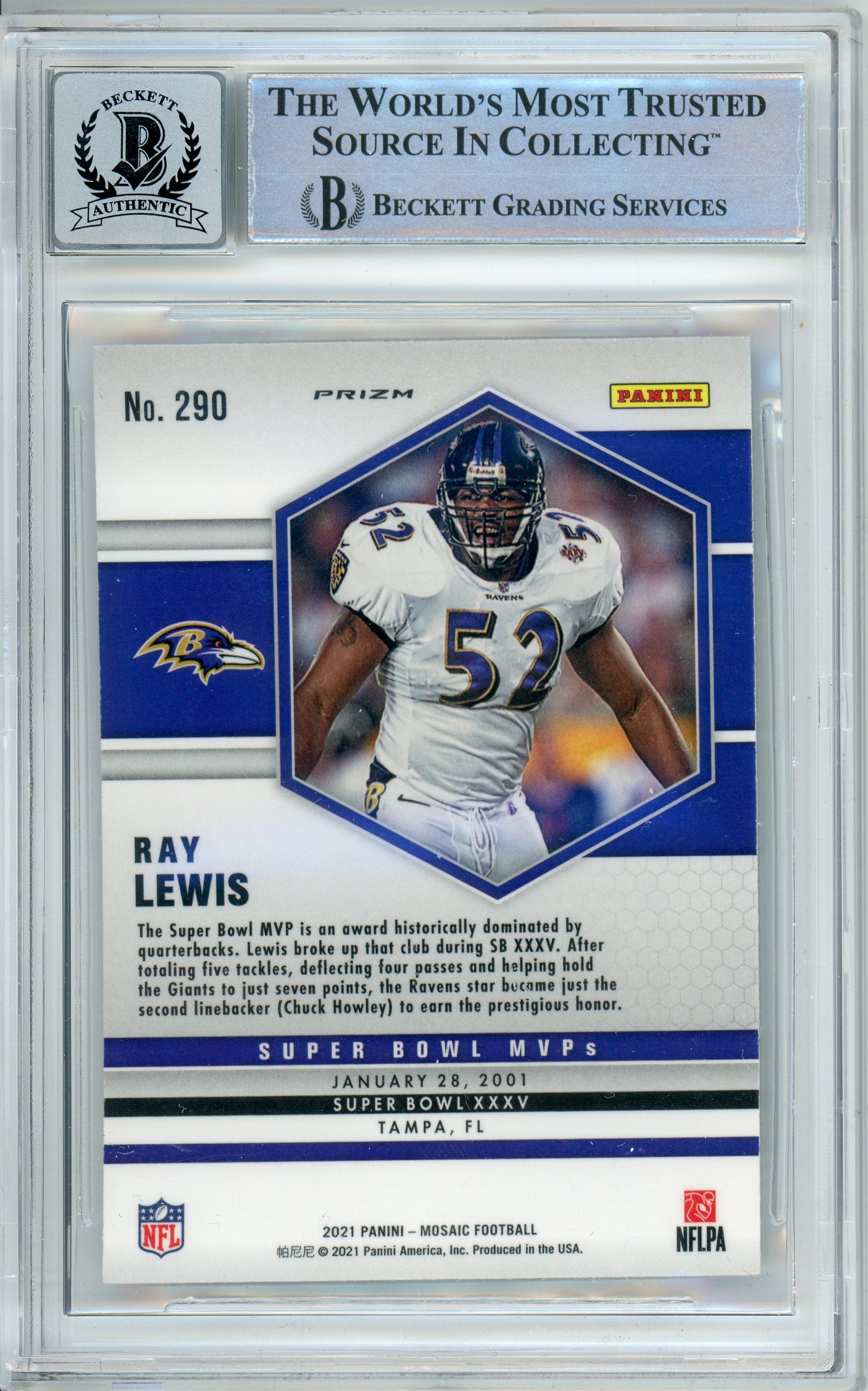 2021 Panini Mosaic MVP Green #290 Ray Lewis Ravens BGS Autograph 10