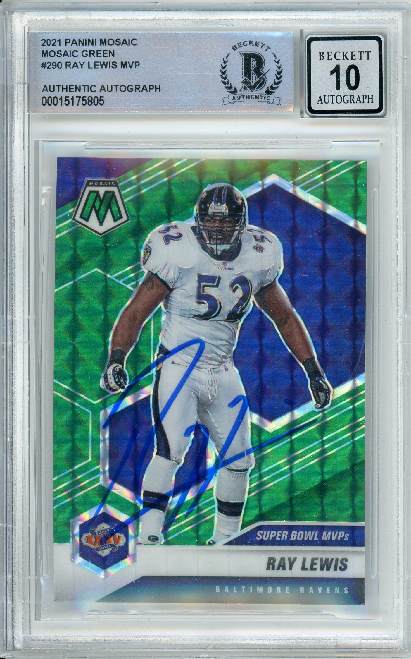 2021 Panini Mosaic MVP Green #290 Ray Lewis Ravens BGS Autograph 10