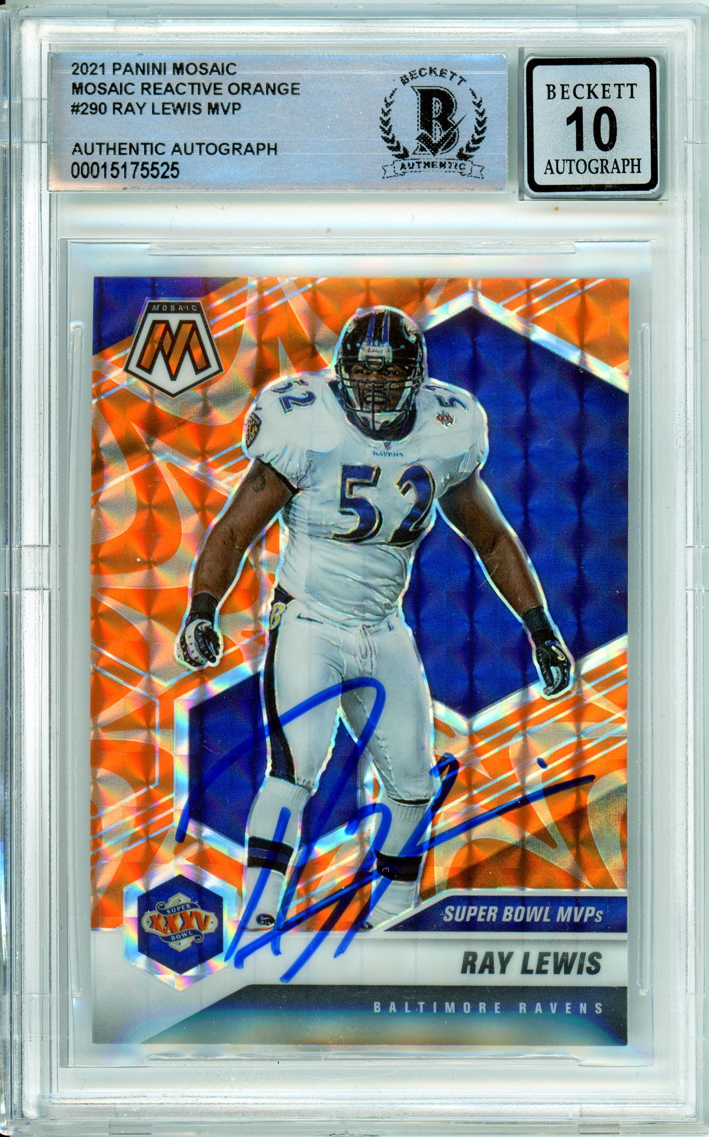 2021 Panini Mosaic MVP Orange Reactive #290 Ray Lewis Ravens BGS Autograph 10