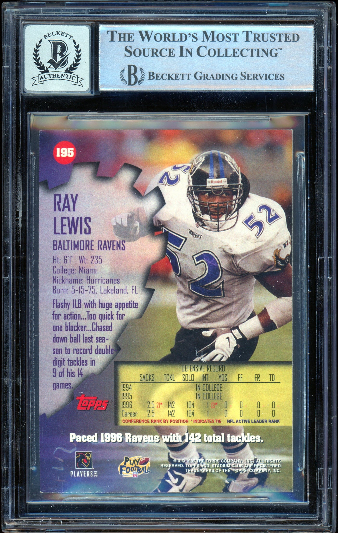 1997 Stadium Club #195 Ray Lewis Baltimore Ravens BGS Autograph 10
