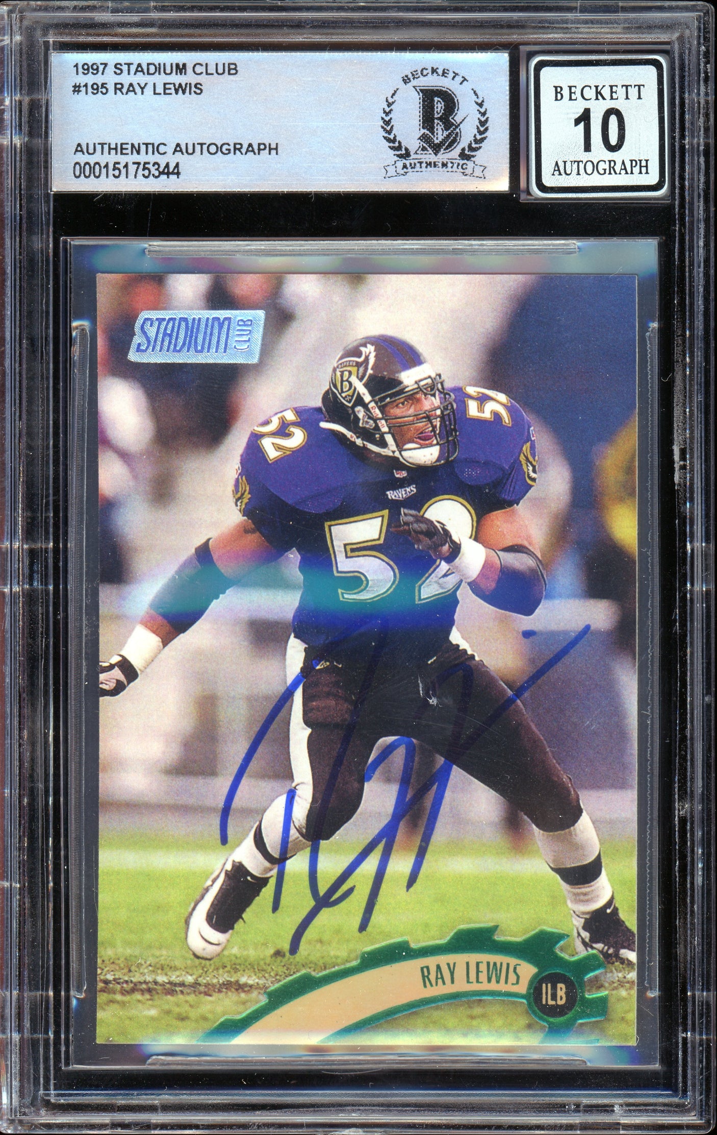 1997 Stadium Club #195 Ray Lewis Baltimore Ravens BGS Autograph 10