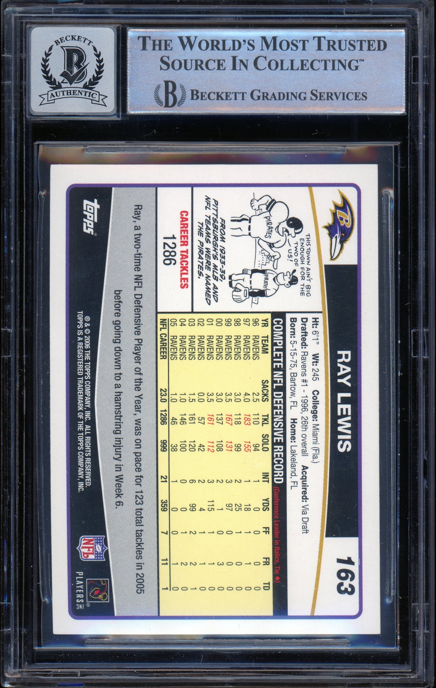 2006 Topps #163 Ray Lewis Baltimore Ravens BGS Autograph 10