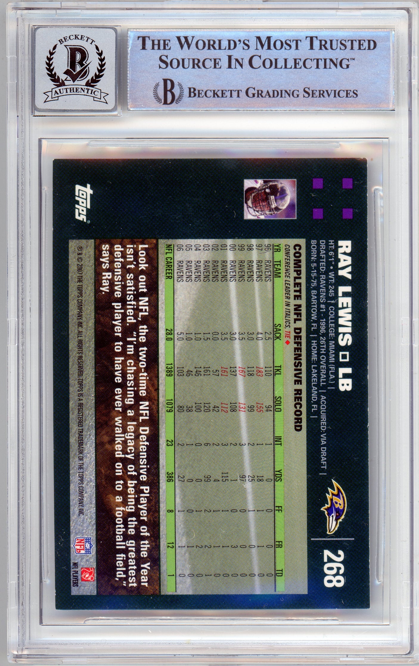 2007 Topps #268 Ray Lewis Baltimore Ravens BGS Auotgraph 10