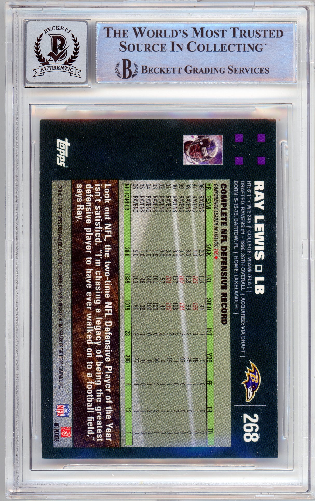2007 Topps #268 Ray Lewis Baltimore Ravens BGS Auotgraph 10