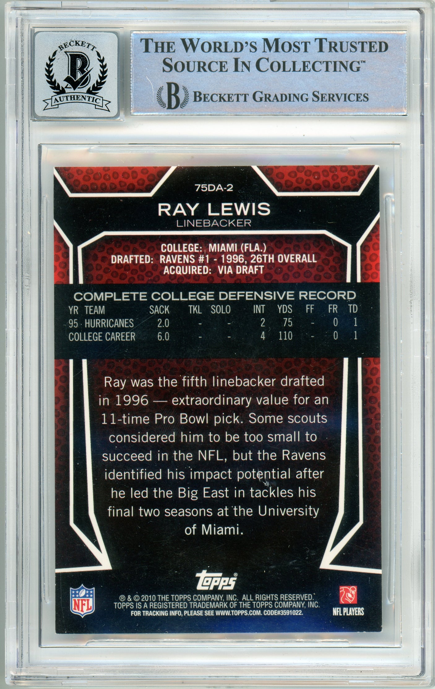 2010 Topps 75th Anniversary Draft #75DA-2 Ray Lewis Baltimore Ravens BGS Auto 10