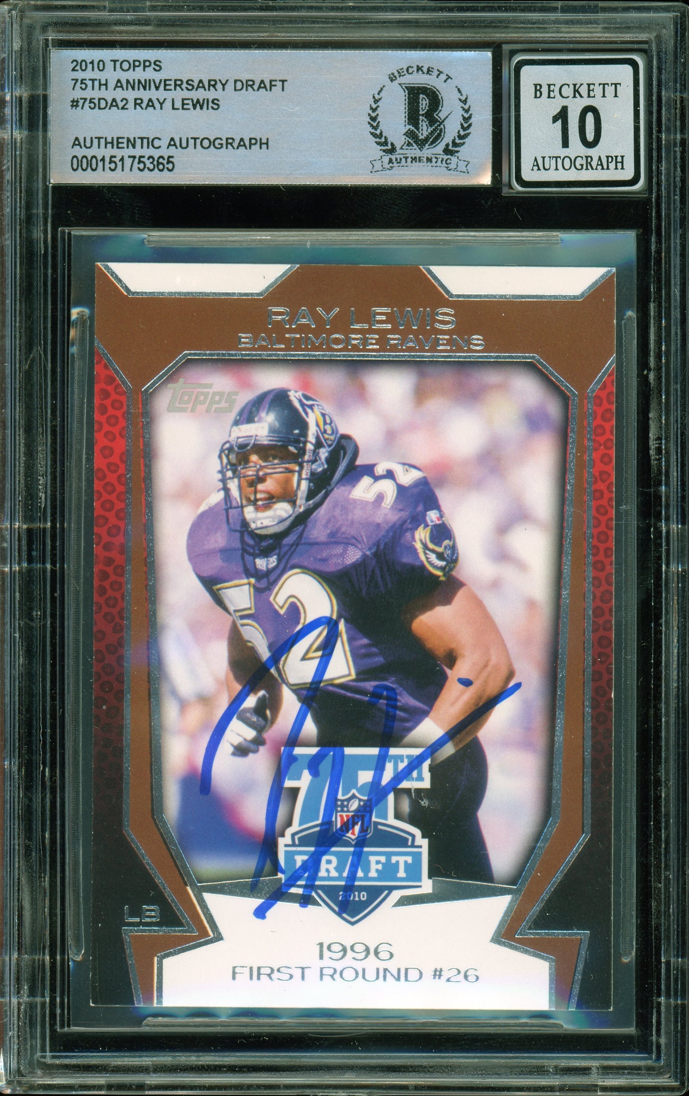 2010 Topps 75th Anniversary Draft #75DA-2 Ray Lewis Baltimore Ravens BGS Auto 10