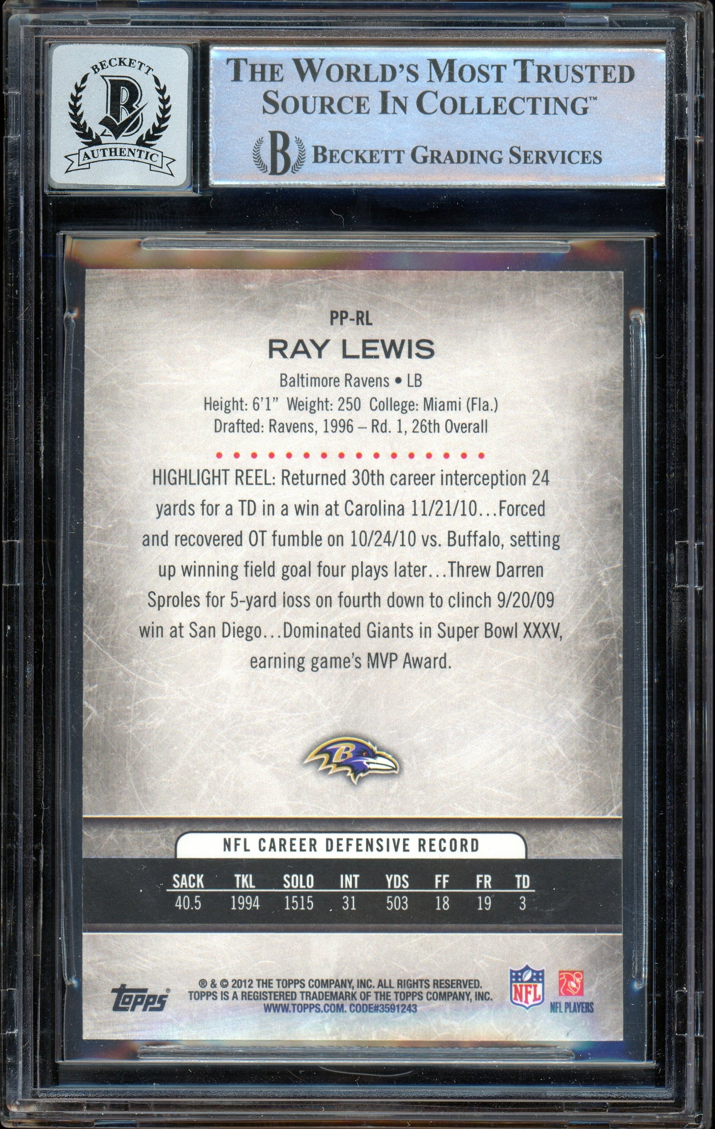 2012 Topps Prolific Playmakers #PP-RL Ray Lewis Ravens BGS Auto 10