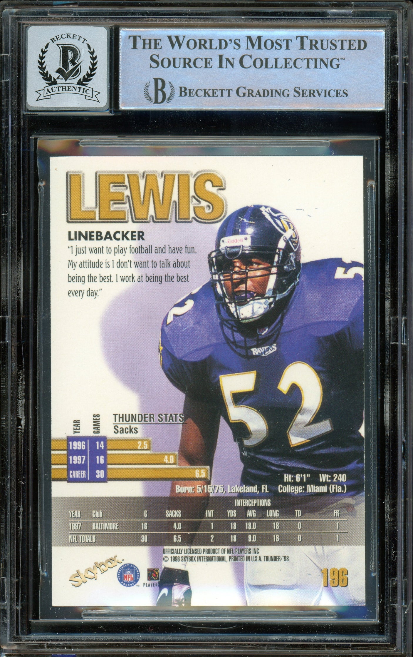 1998 Skybox Thunder #196 Ray Lewis Baltimore Ravens BGS Auto 10