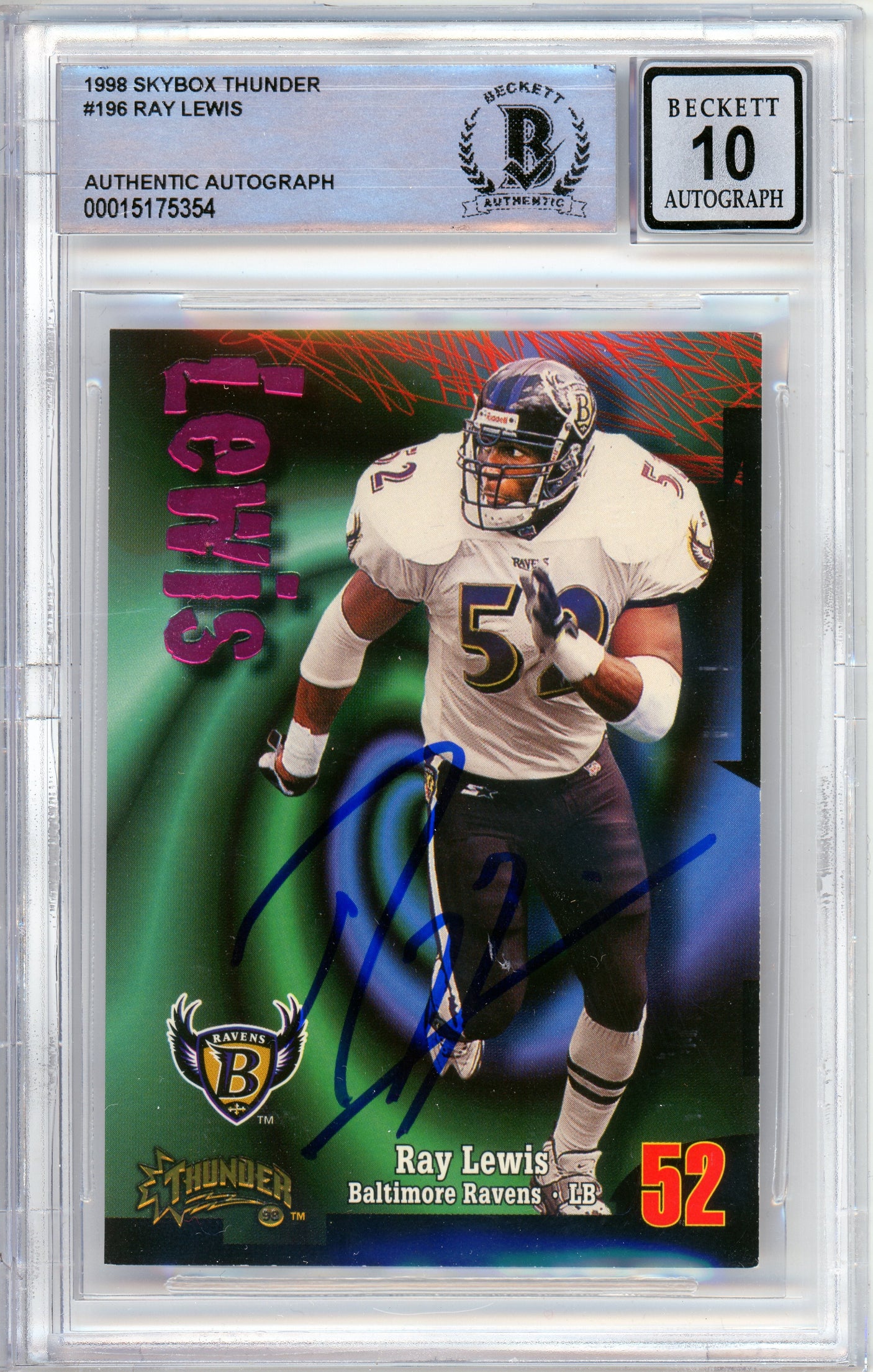 1998 Skybox Thunder #196 Ray Lewis Baltimore Ravens BGS Auto 10
