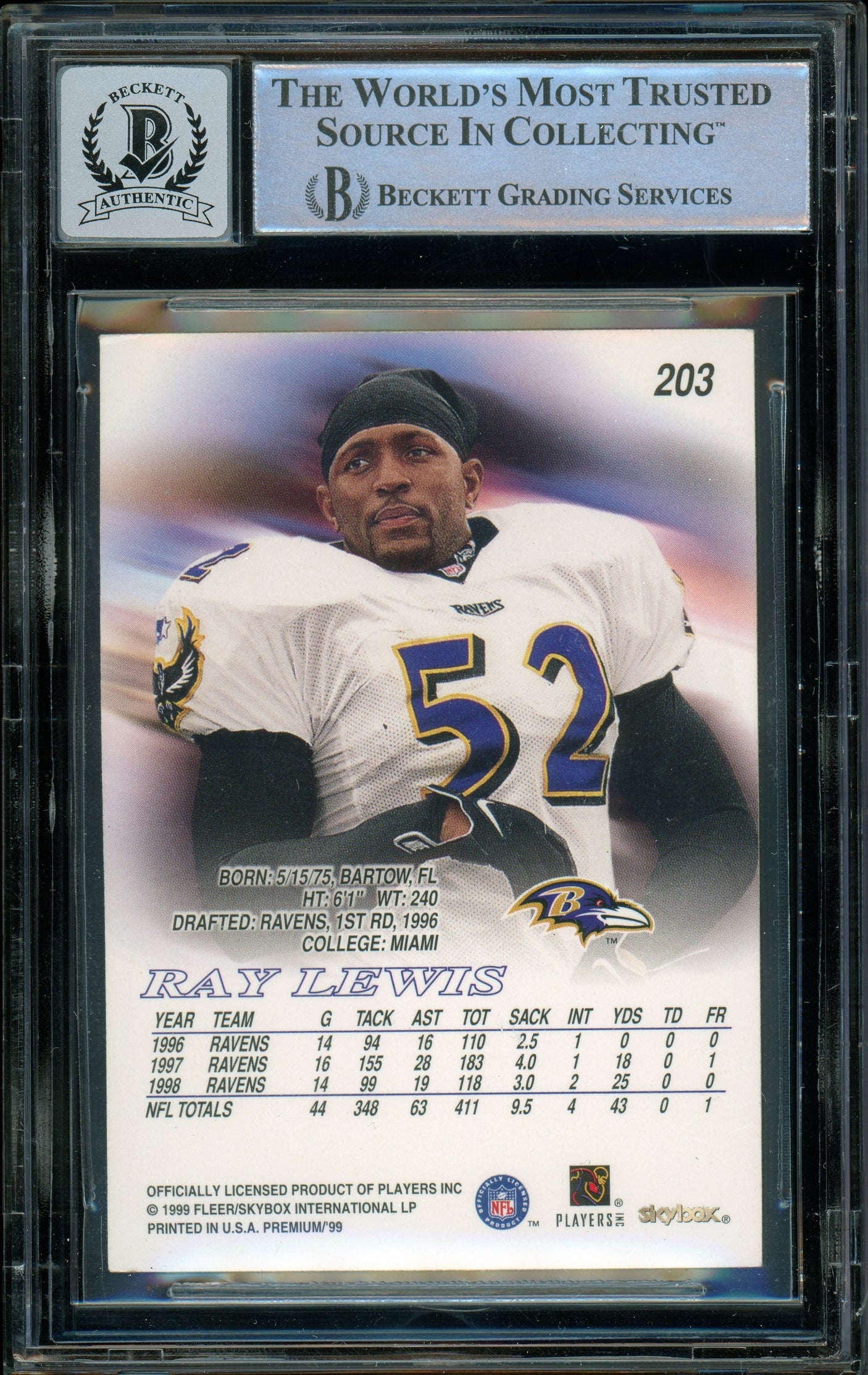 1999 Skybox Premium #203 Ray Lewis Baltimore Ravens BGS Auto 10