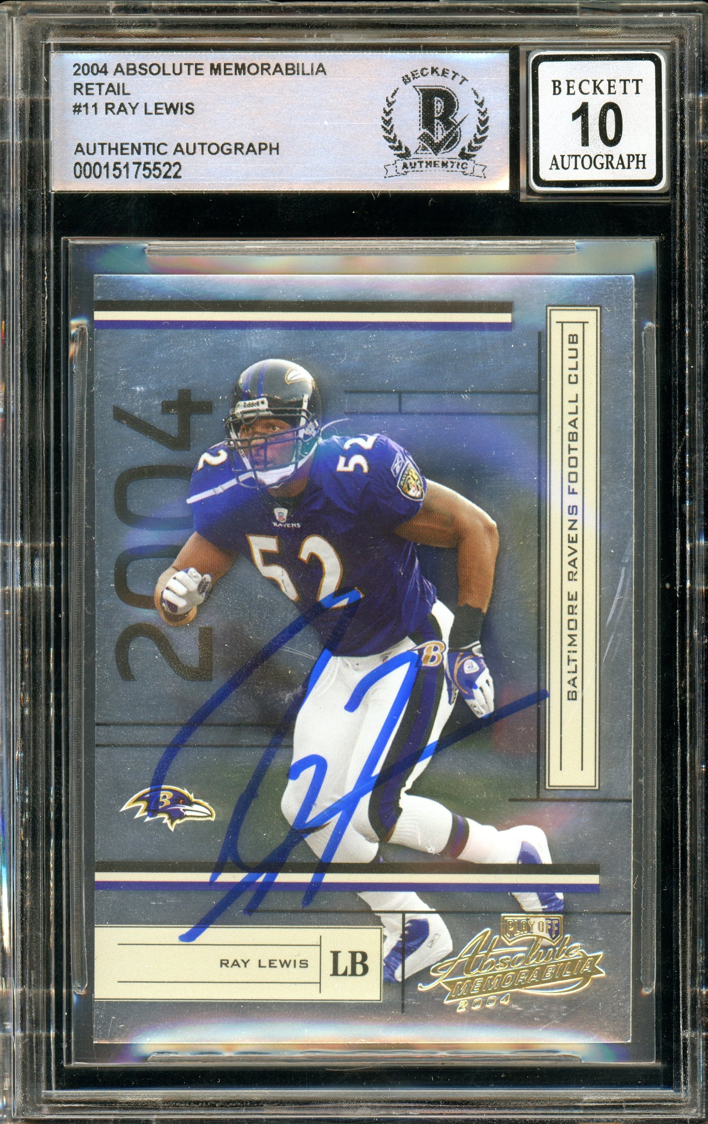 2004 Absolute Memorabilia Retail #11 Ray Lewis Ravens BGS Autograph 10