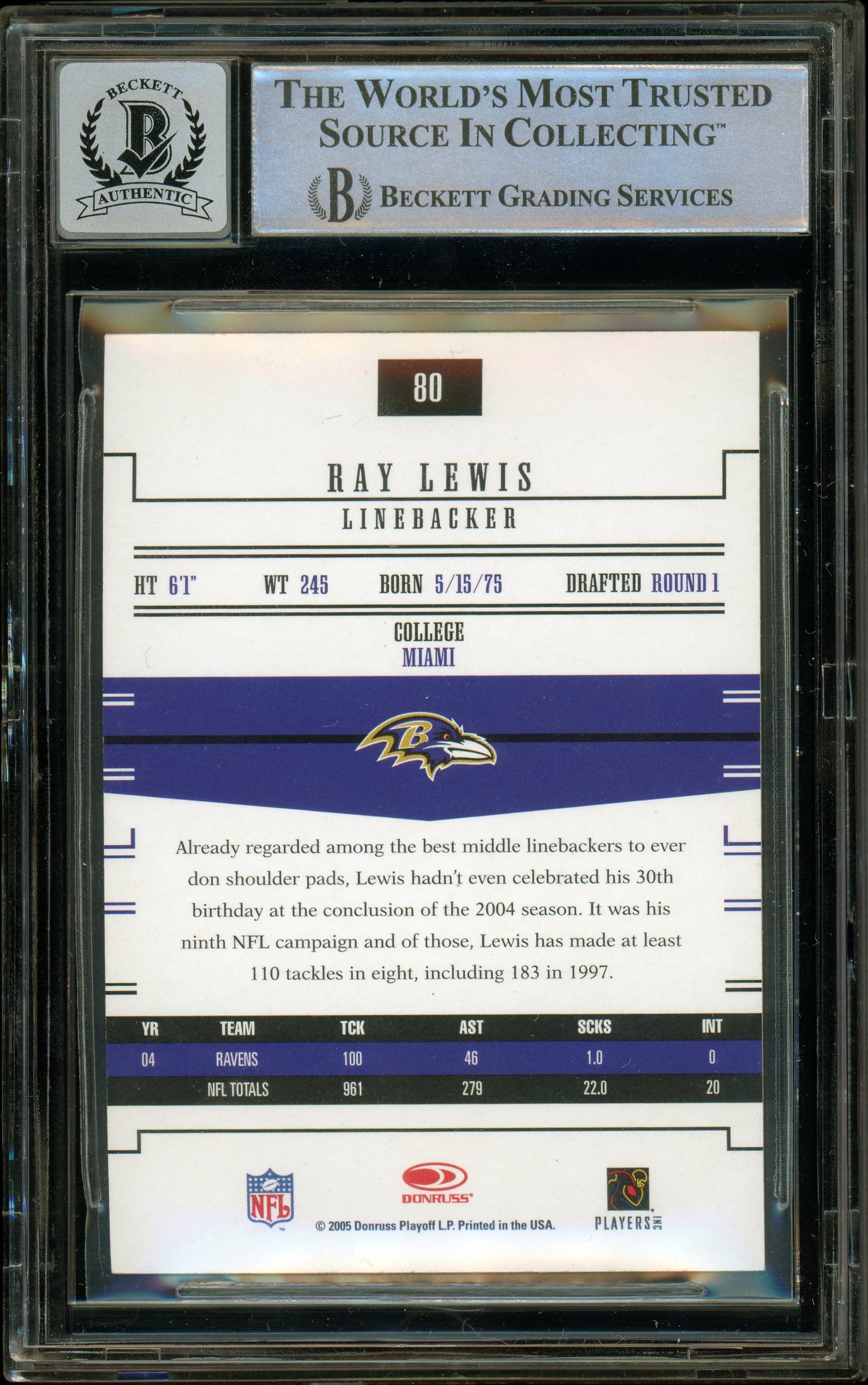 2005 Donruss Gridiron Gear #80 Ray Lewis Ravens BGS Autograph 10