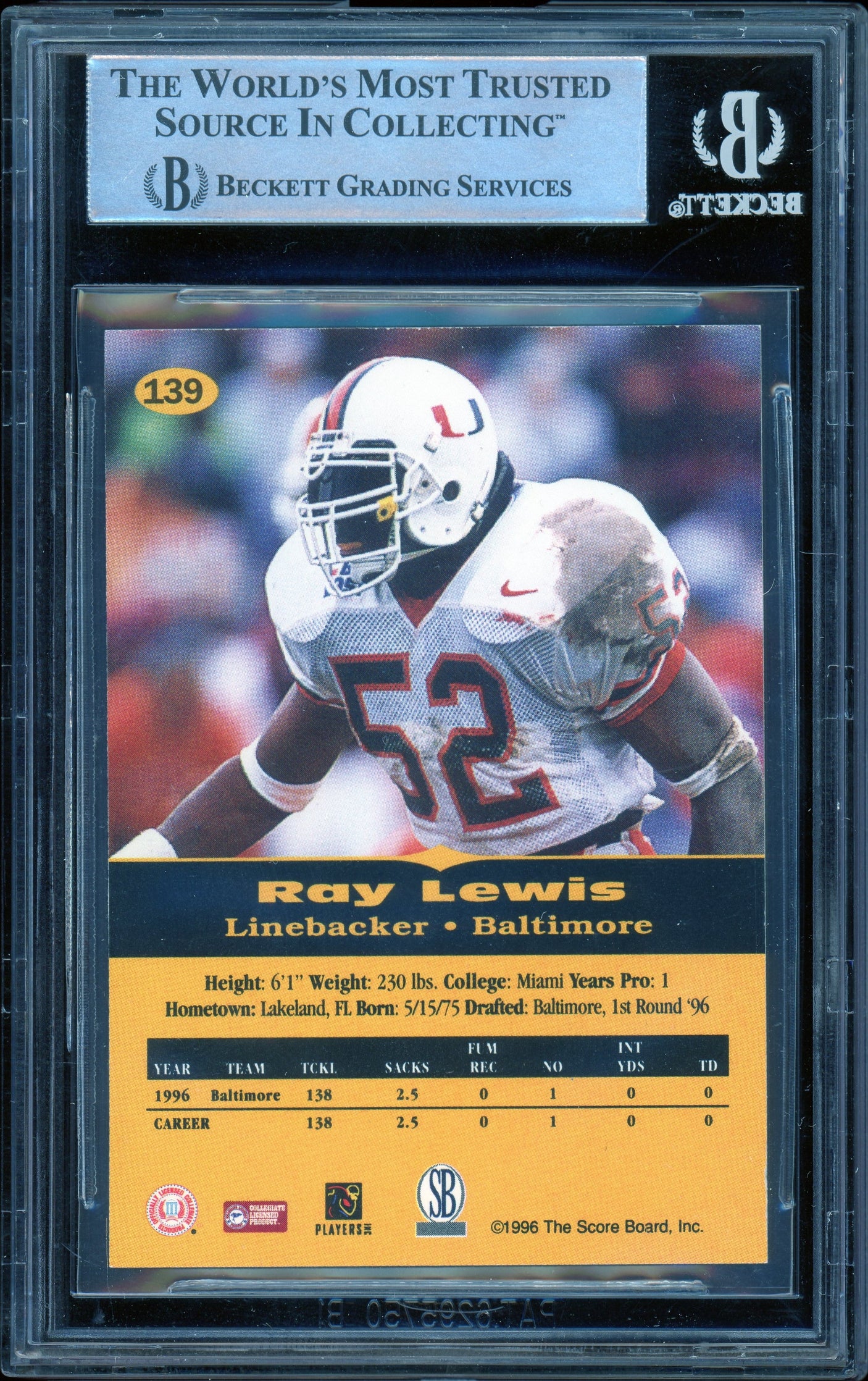 1996-97 Score Board All Sport PPF #139 Ray Lewis RC Hurricanes BGS Autograph